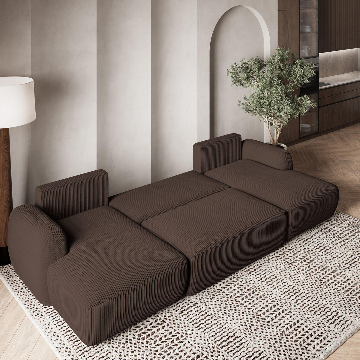 WOHNLANDSCHAFT SAVONA P Braun Kordstoff mit Schlaffunktion - Braun, Holz (320/90/148cm) - MASSENO