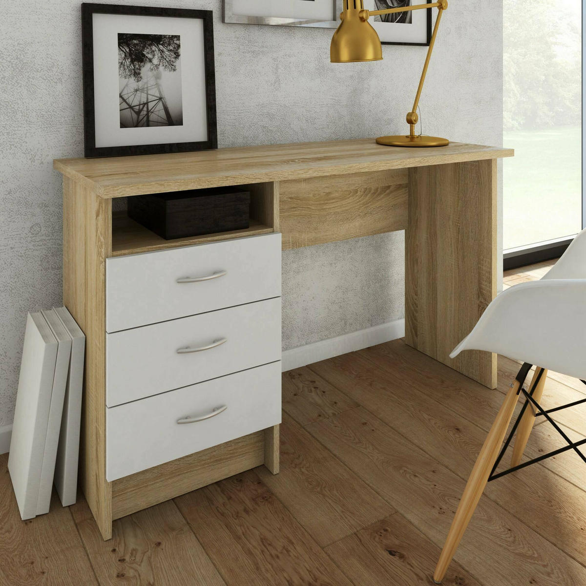 SCHREIBTISCH Eiche, Weiß 48.1/120.1/72.6 cm - Braun, Holzwerkstoff (48.1/120.1/72.6cm) - DMORA