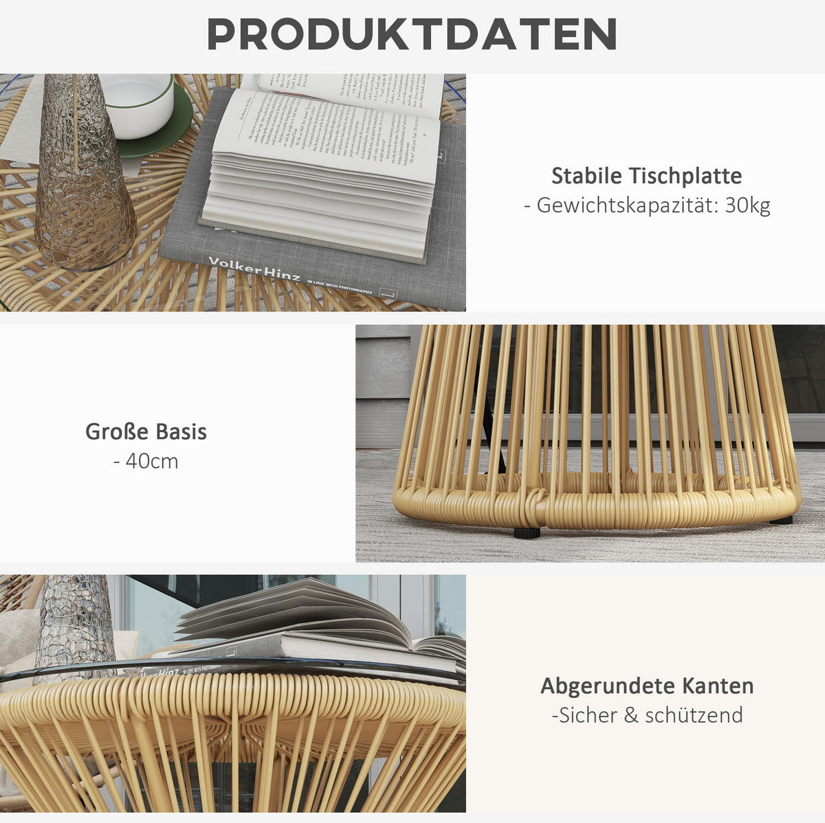 BEISTELLTISCH 40/40/42 cm beige aus Rattan mit Glasplatte - Beige, Kunststoff (40/40/42cm) - OKWISH
