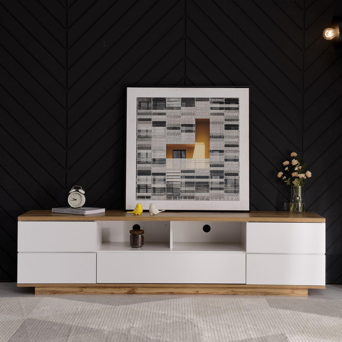 TV Lowboard 180x38x46 cm, Holzmaserung, Weiß - Weiß, Holz (180/46/38cm)