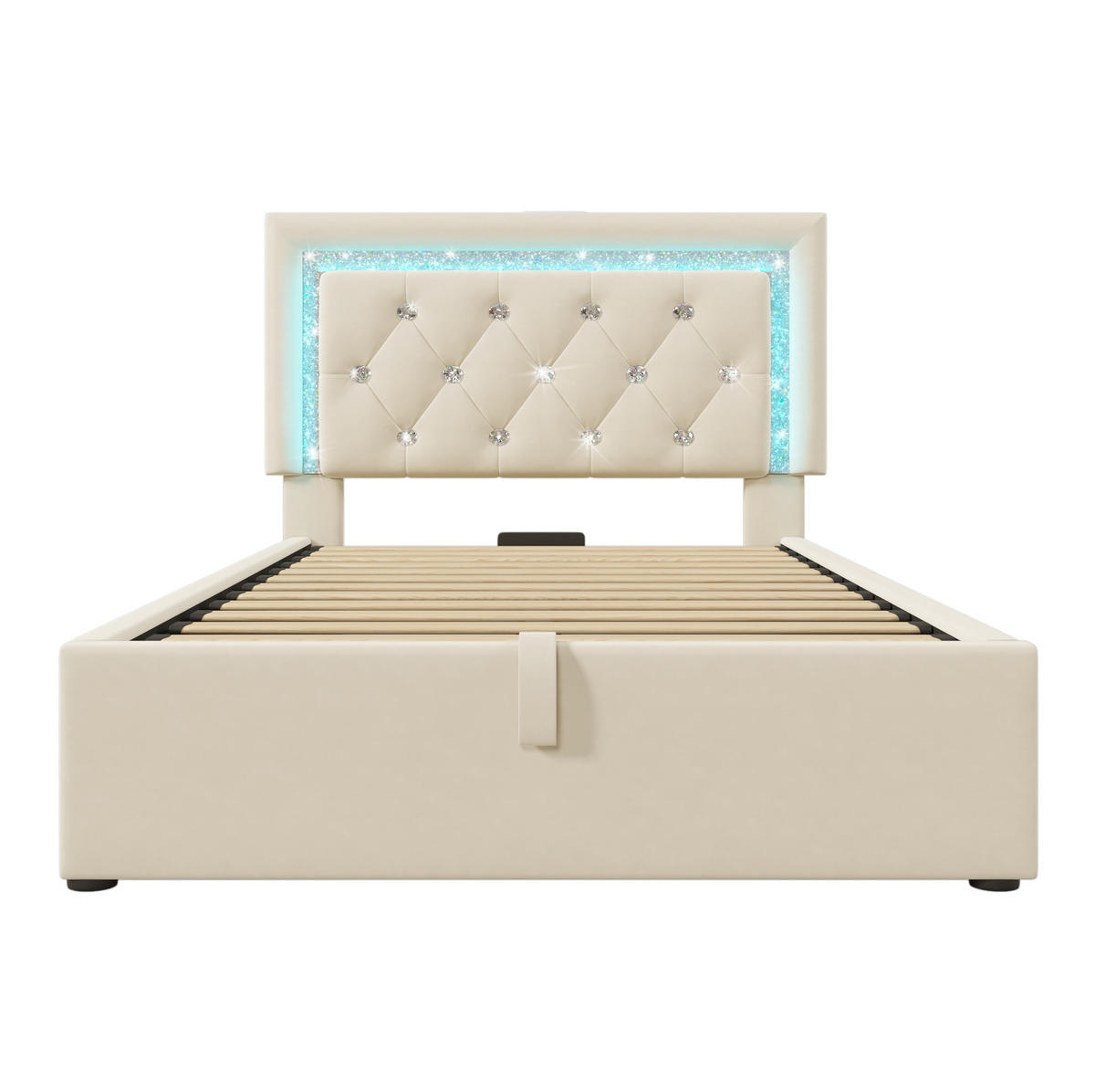 POLSTERBETT Samt 90x200 cm Beige mit Bettkasten, LED-Beleuchtung, USB/USB-C und Matratze - Beige, Textil (90/200cm) - IVMEU