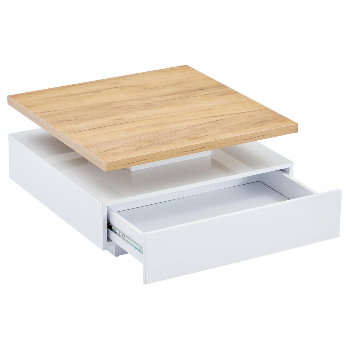 COUCHTISCH 70/70/36 cm weiß Hochglanz mit 360° schwenkbarem Tisch und Stauraum - Weiß, Holzwerkstoff (70/70/36cm) - OKWISH