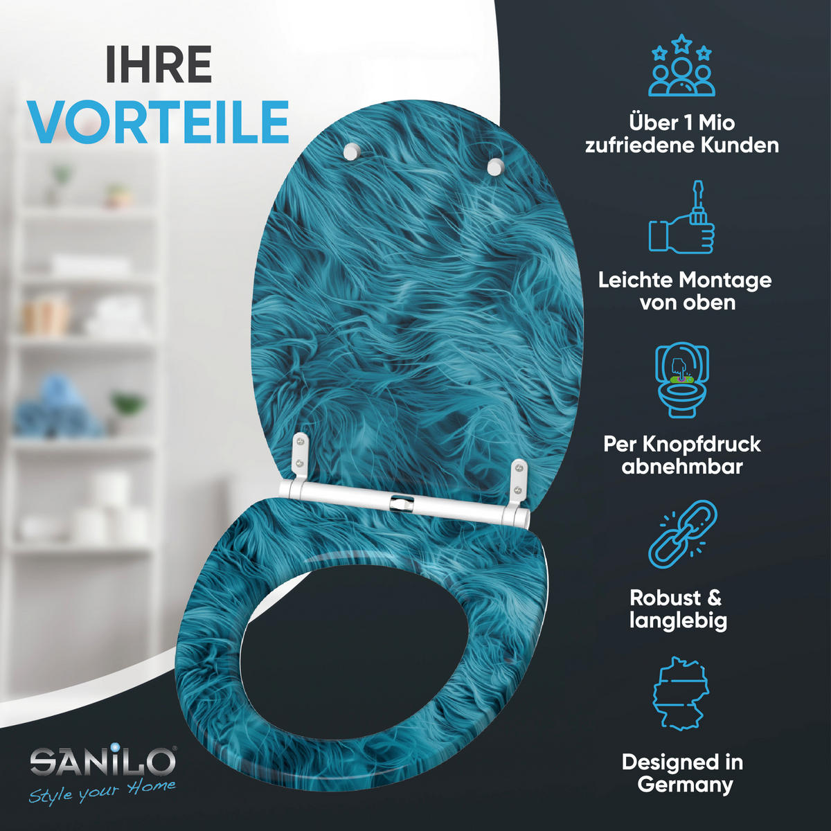 WC-SITZ mit Absenkautomatik & Top Fix Fluffy - Blau, Holzwerkstoff (37.7/5.5/48cm) - Sanilo