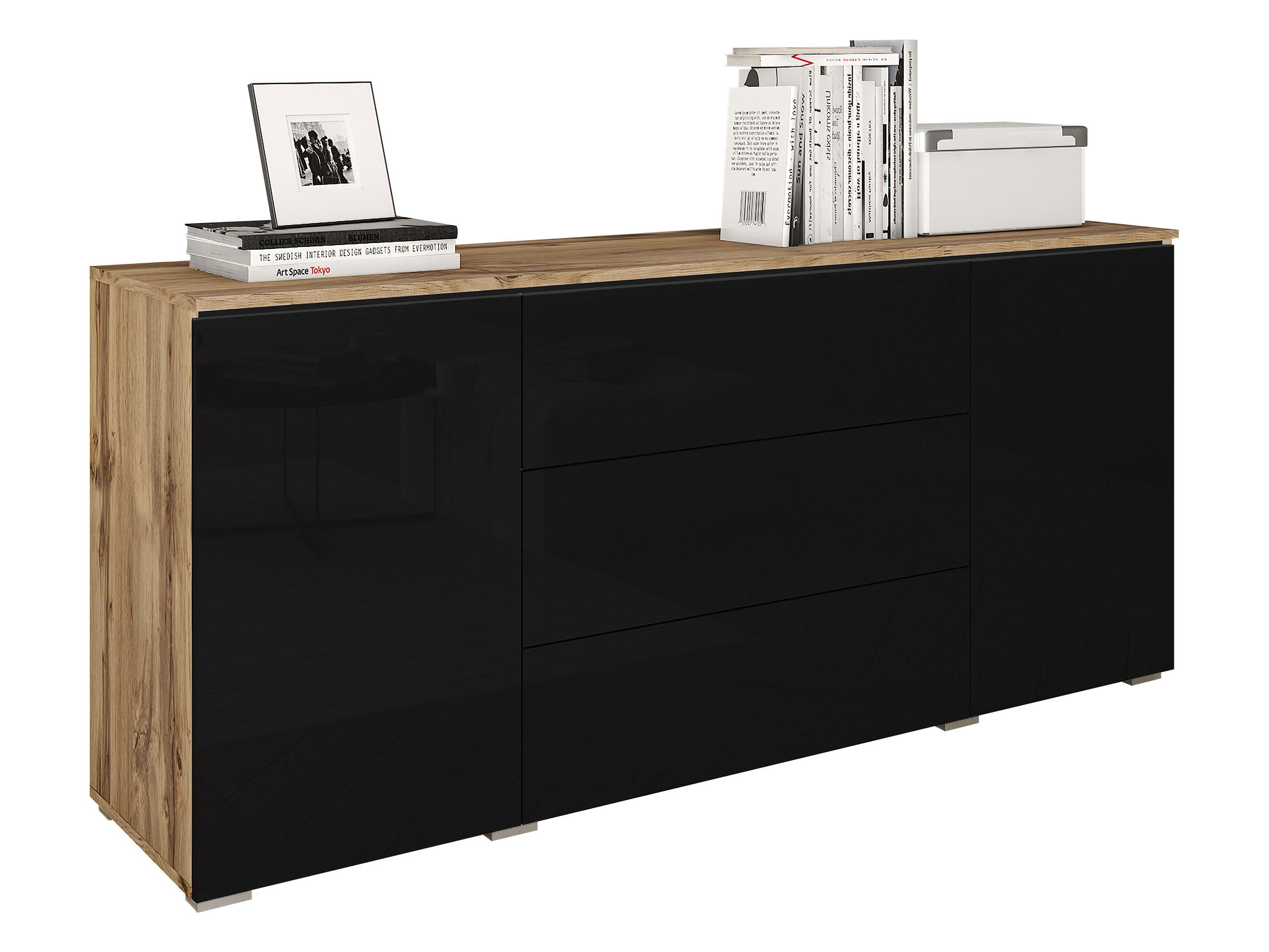 SIDEBOARD Vera 150 - Schwarz Hochglanz/Eiche Wotan, Holzwerkstoff (150/66/40cm) - MIRJAN24