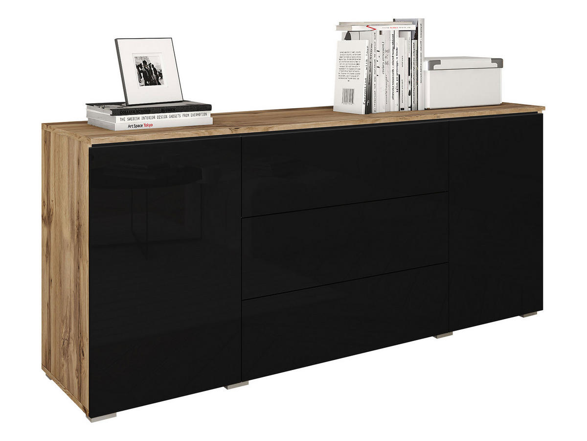 SIDEBOARD Vera 150 - Schwarz Hochglanz/Eiche Wotan, Holzwerkstoff (150/66/40cm) - MIRJAN24