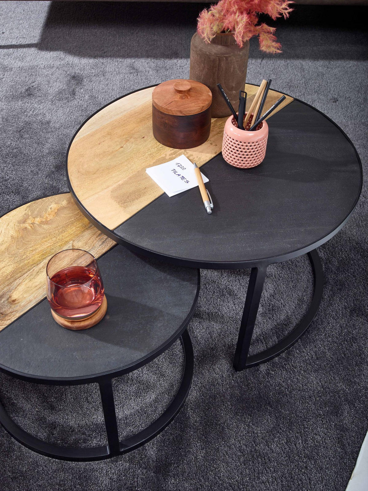 COUCHTISCH Set – Rund Mango Massivholz Steinoptik 2-teilig modern - Schwarz, Holz/Metall (60/60/36cm) - KADIMA DESIGN