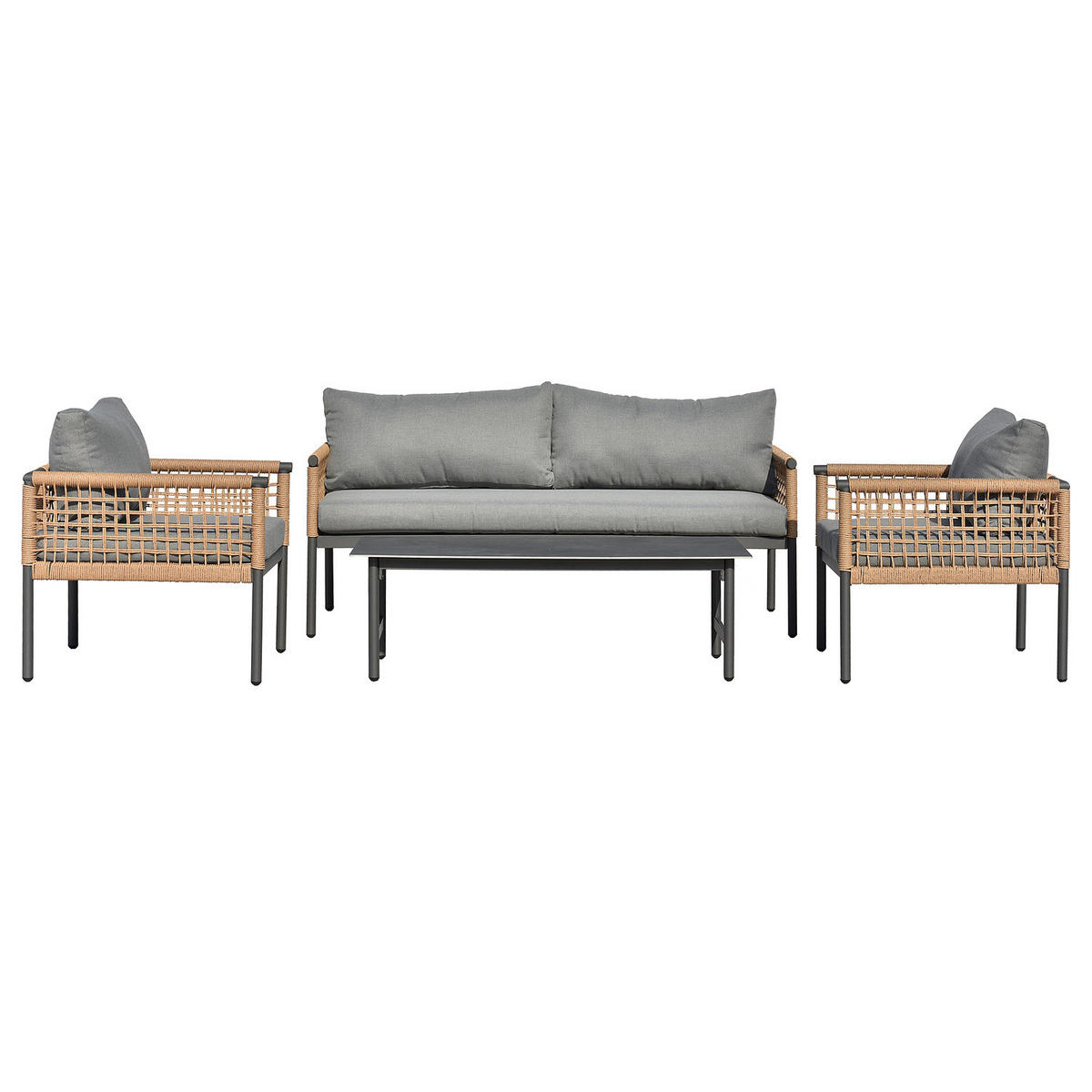 LOUNGEGRUPPE - 4-teilig - Stahl / Webstoff - Grau - Weiß/Grau, Kunststoff/Textil - home24