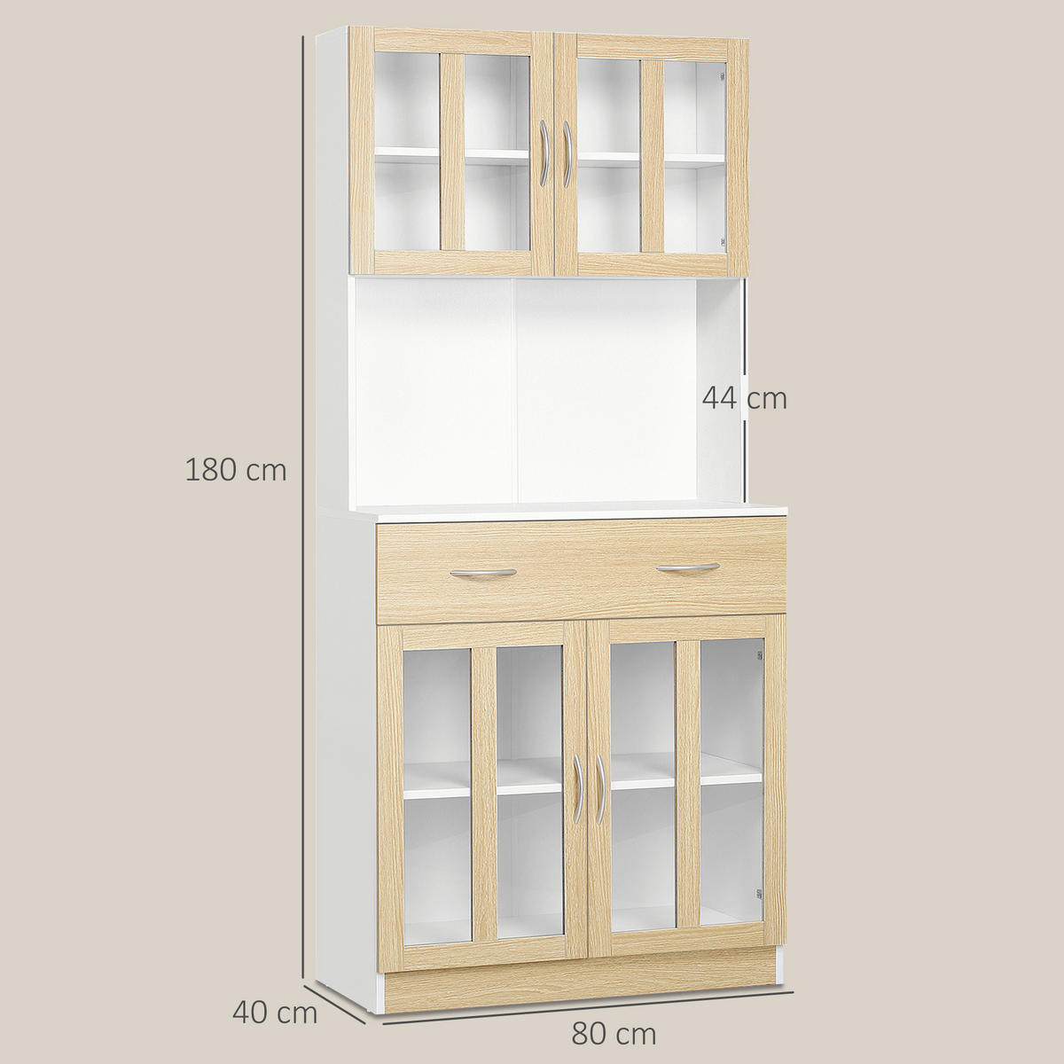 BUFFET DE-11004 4 Glastüren Weiß/Eiche hell - Weiß, Holzwerkstoff (40/180/80cm) - ComfortXL