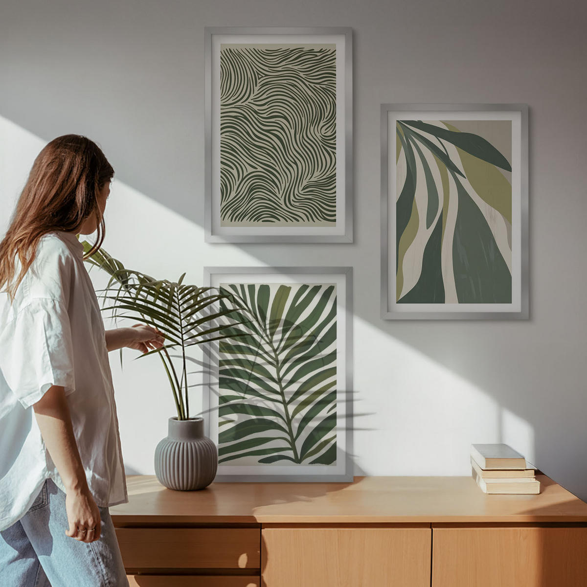 BILDER SET 3er Set - 40x60 cm Silberner Rahmen - Blätter mit wellenförmigen grünen Linien - Silberfarben, Kunststoff (40/60cm) - TULUP