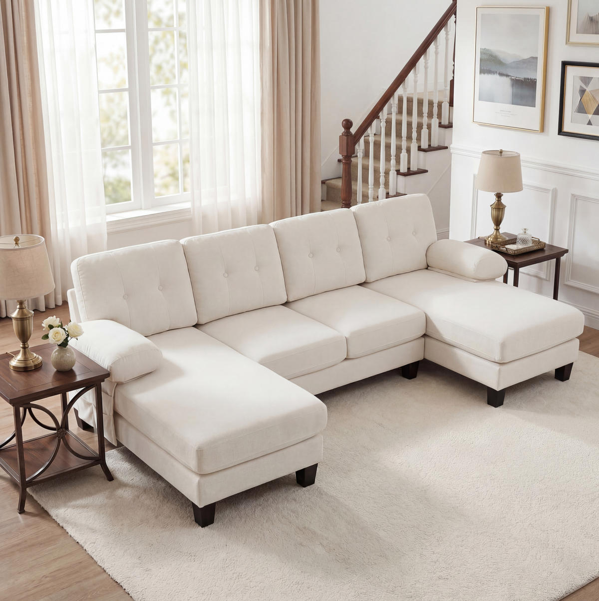 WOHNLANDSCHAFT aus Chenille 268x128x84 cm in Beige mit Doppel-Chaiselongue - Beige, Textil (128/84/268cm) - Modfu
