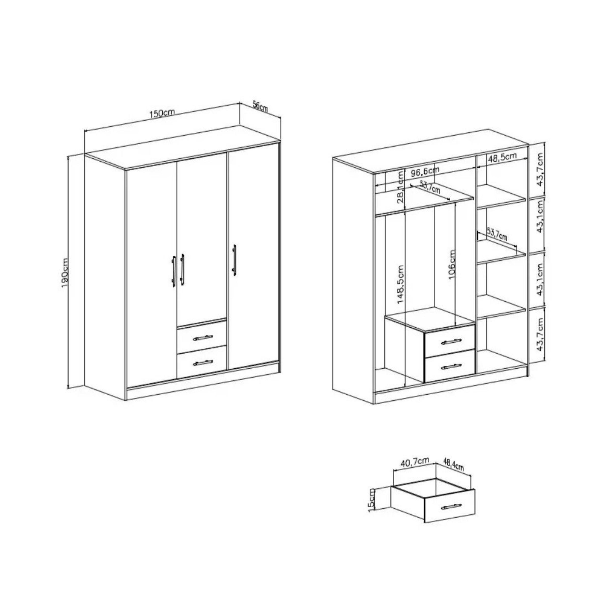 KLEIDERSCHRANK SAM SR2 3-türig 150 / 190 / 56 cm Eiche Artisan - Eiche Artisan, Holzwerkstoff (150/190/56cm) - Deine Möbel 24