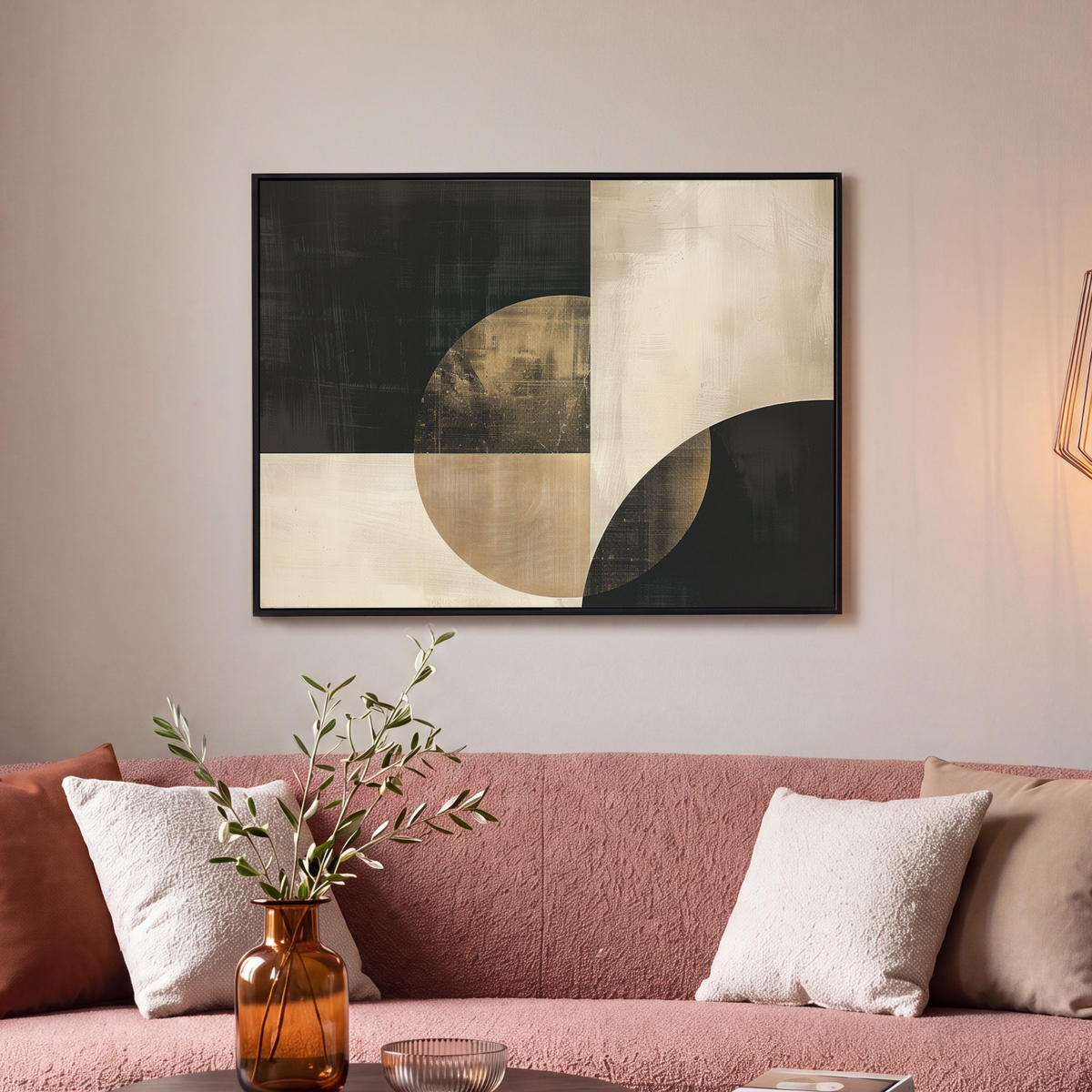 LEINWAND Bilder mit Rahmen - Abstrakt - Geometrische Formen - Schwarz - Gold - 70x50 - Ecru, Textil (70/50cm) - MuchoWow