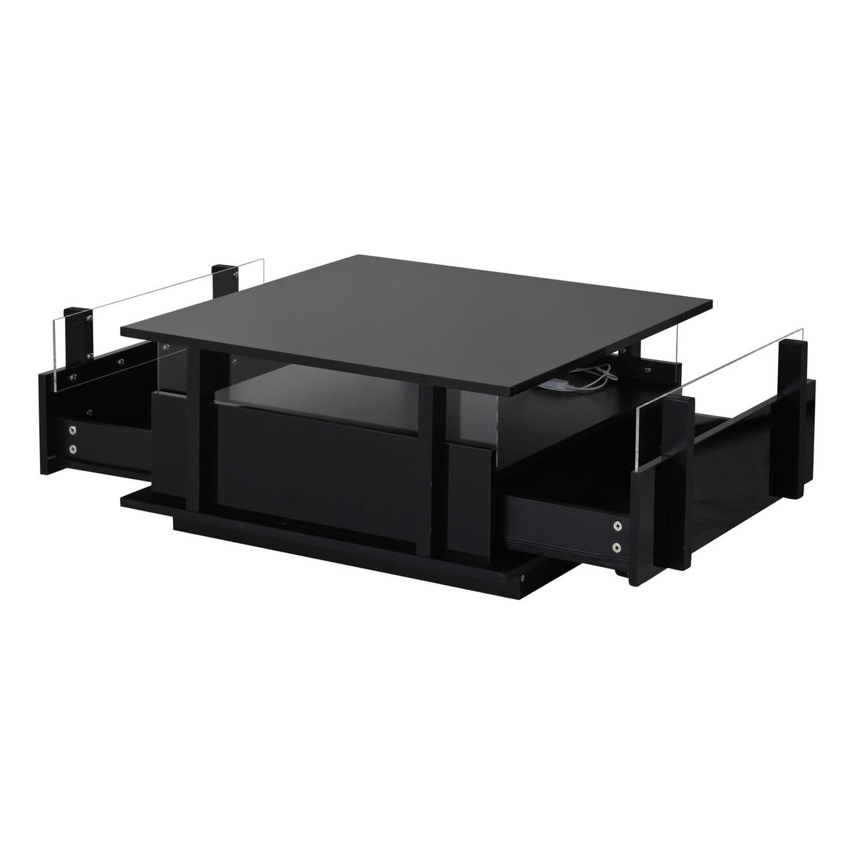 COUCHTISCH in Schwarz Sofatisch Hochglanz mit 2 Schubladen,LED & Acryl-Trennwand, Sofatisch für Wohnzimmer,B70/T70/H35cm - Schwarz, Holzwerkstoff/Metall (70/70/35cm) - STILVORA