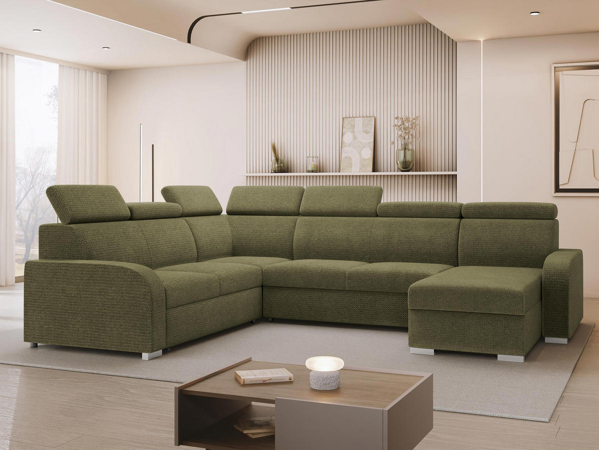 WOHNLANDSCHAFT Oslo 2rR2pLC - Silberfarben/Grün, Holz/Kunststoff (315/85/250cm) - MIRJAN24