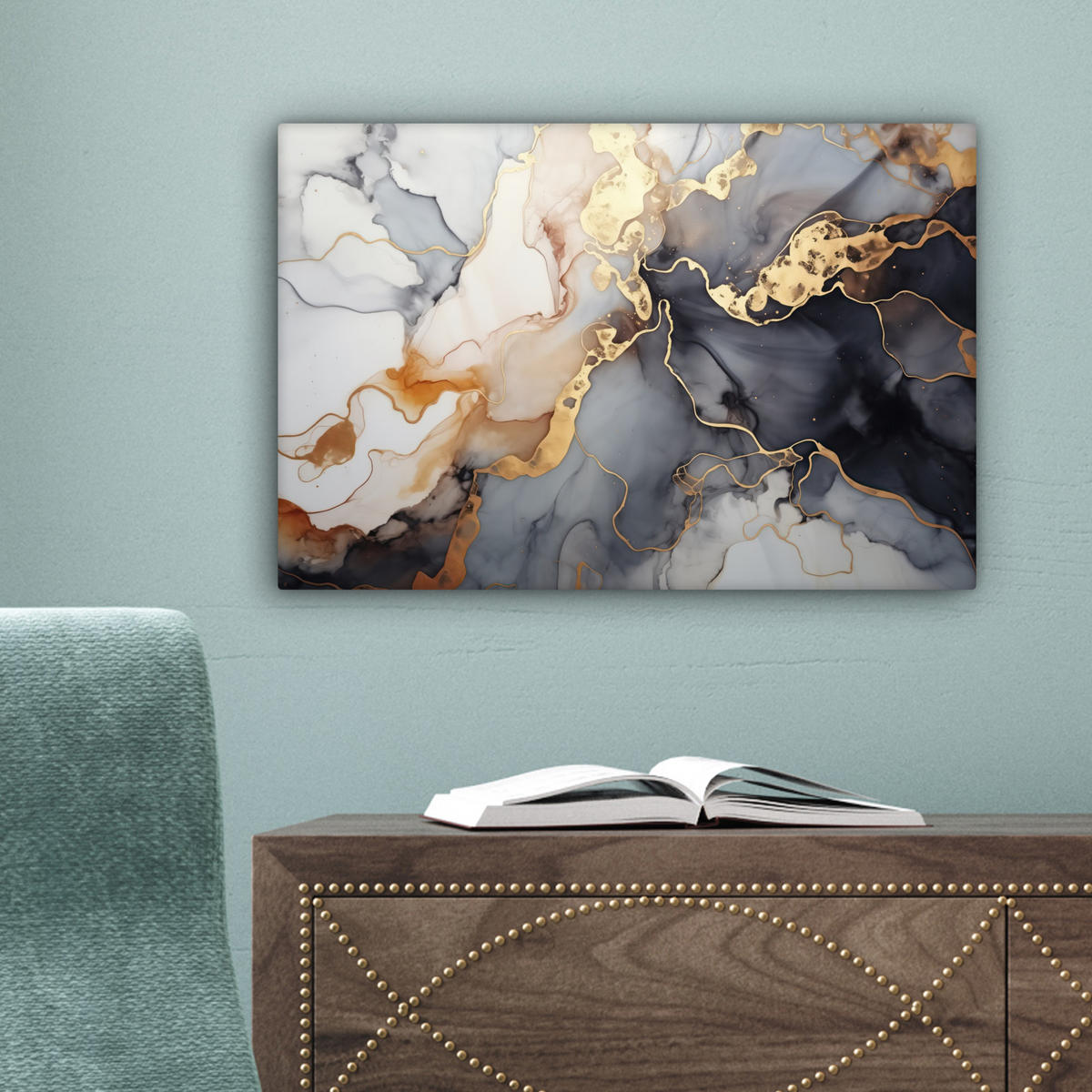 LEINWANDBILD Marmor - Schwarz - Gold - Weiß Deko Schlafzimmer 30x20 cm - Dunkelgrau, Textil (30/20cm) - MuchoWow