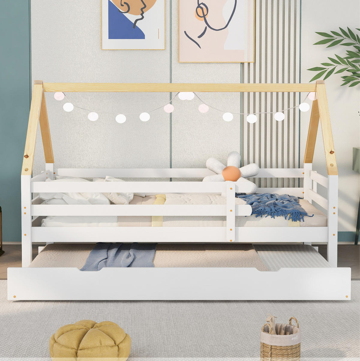 HAUSBETT mit Ausziehbett, Weiß/Natur, 90/200 cm - Weiß, Holz (90/200cm) - MIVRAY