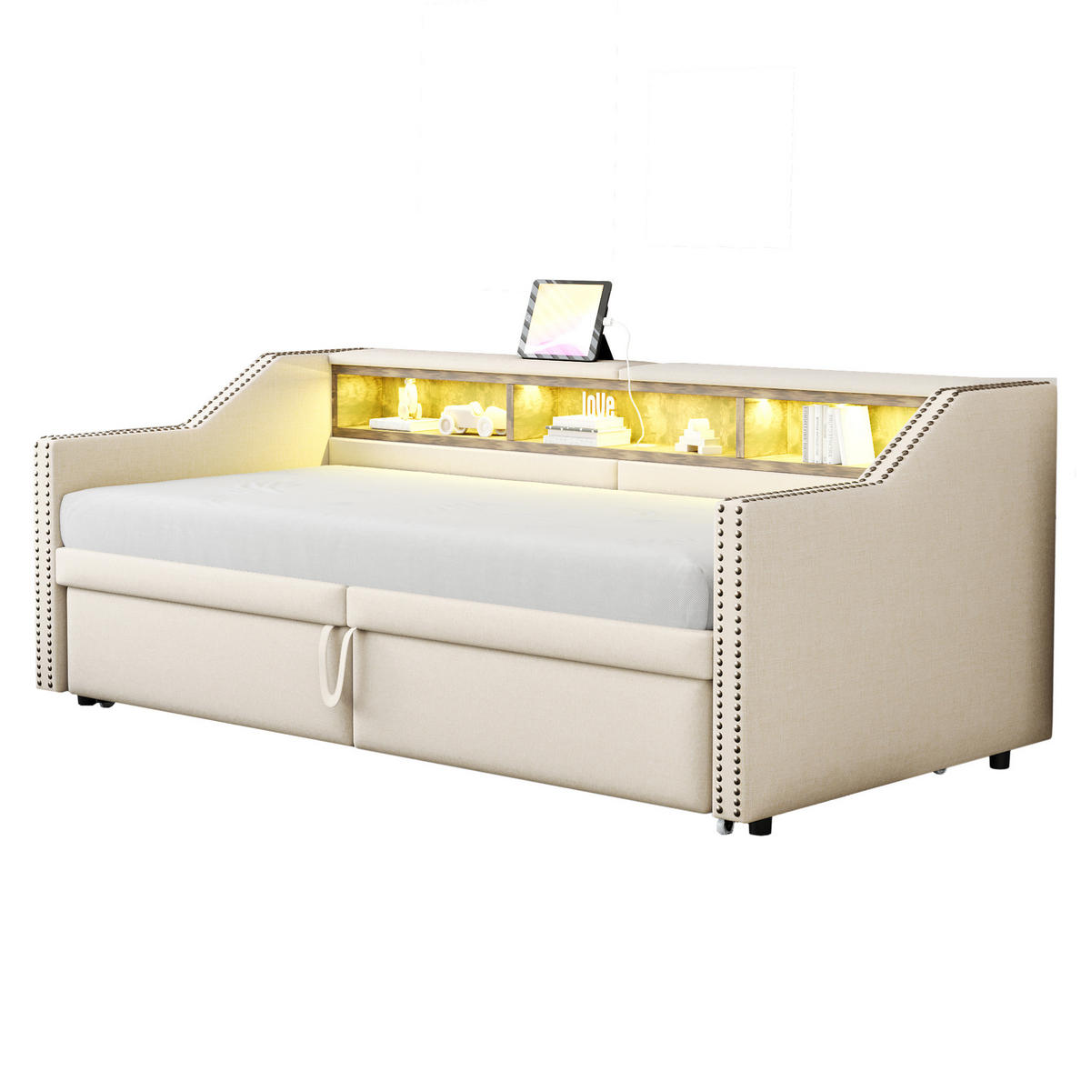 BETT aus Leinenstoff 90/180x200 cm Beige mit Ausziehbett, LED, USB und 3 Ablagefächern - Beige, Textil (90/200cm) - Modfu