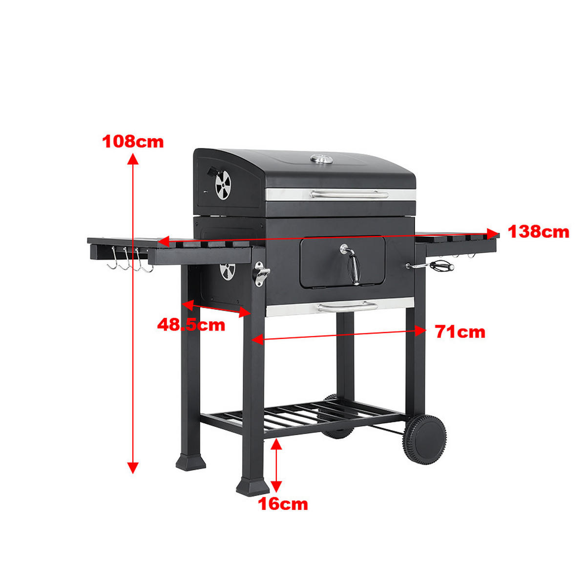 HOLZKOHLEGRILL aus Karbonstahl in Schwarz Tragbarer Outdoor BBQ 2 Seitentischen Temperaturbereich: 100-800°F 138cm B x 48.5cm T x 108cm H - Schwarz, Metall (138/108/48.5cm) - Livingandhome