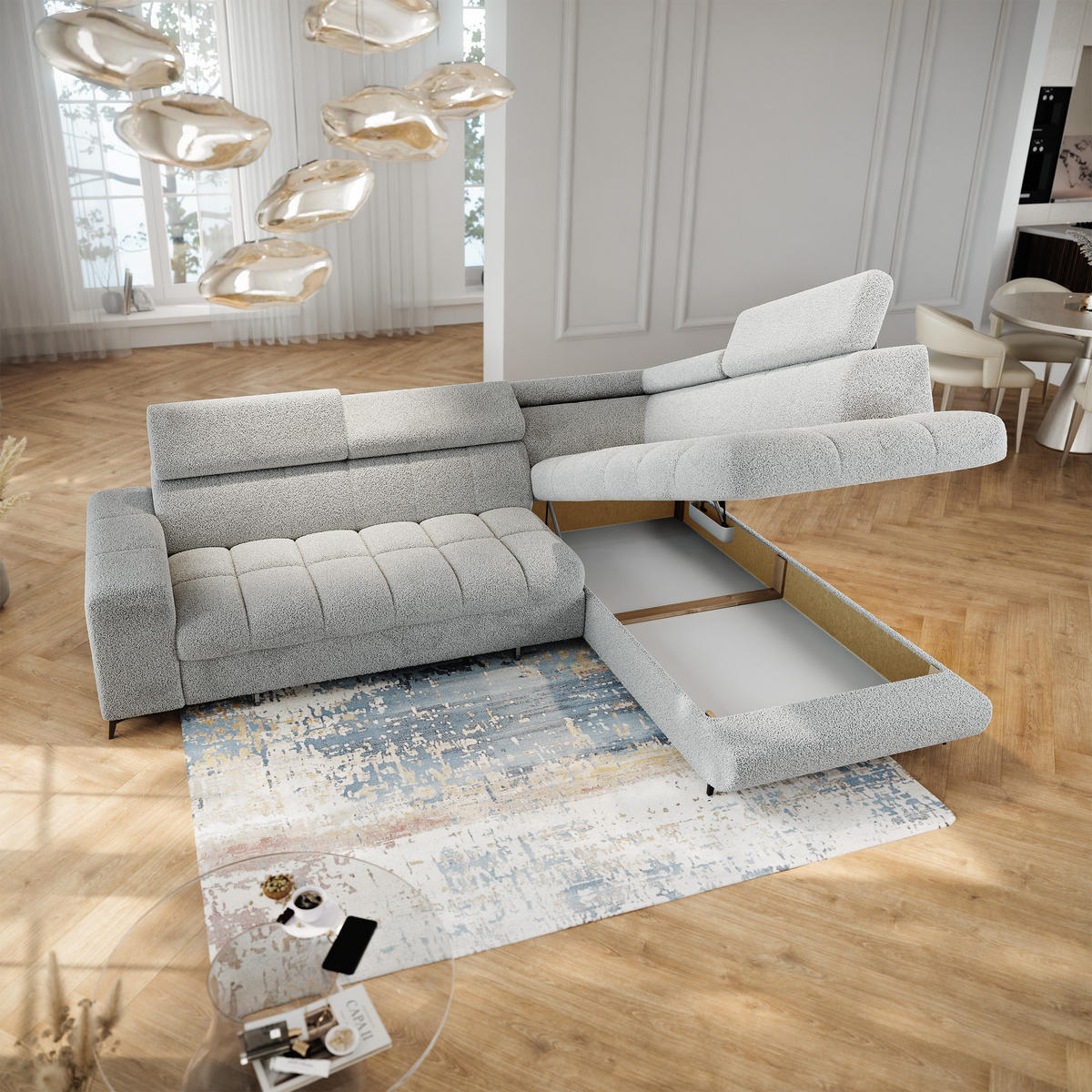 ECKSOFA MORIVA Q R-S Hellgrau Boucle-Stoff mit Schlaffunktion - Hellgrau, Holzwerkstoff/Textil (253/190cm) - MASSENO