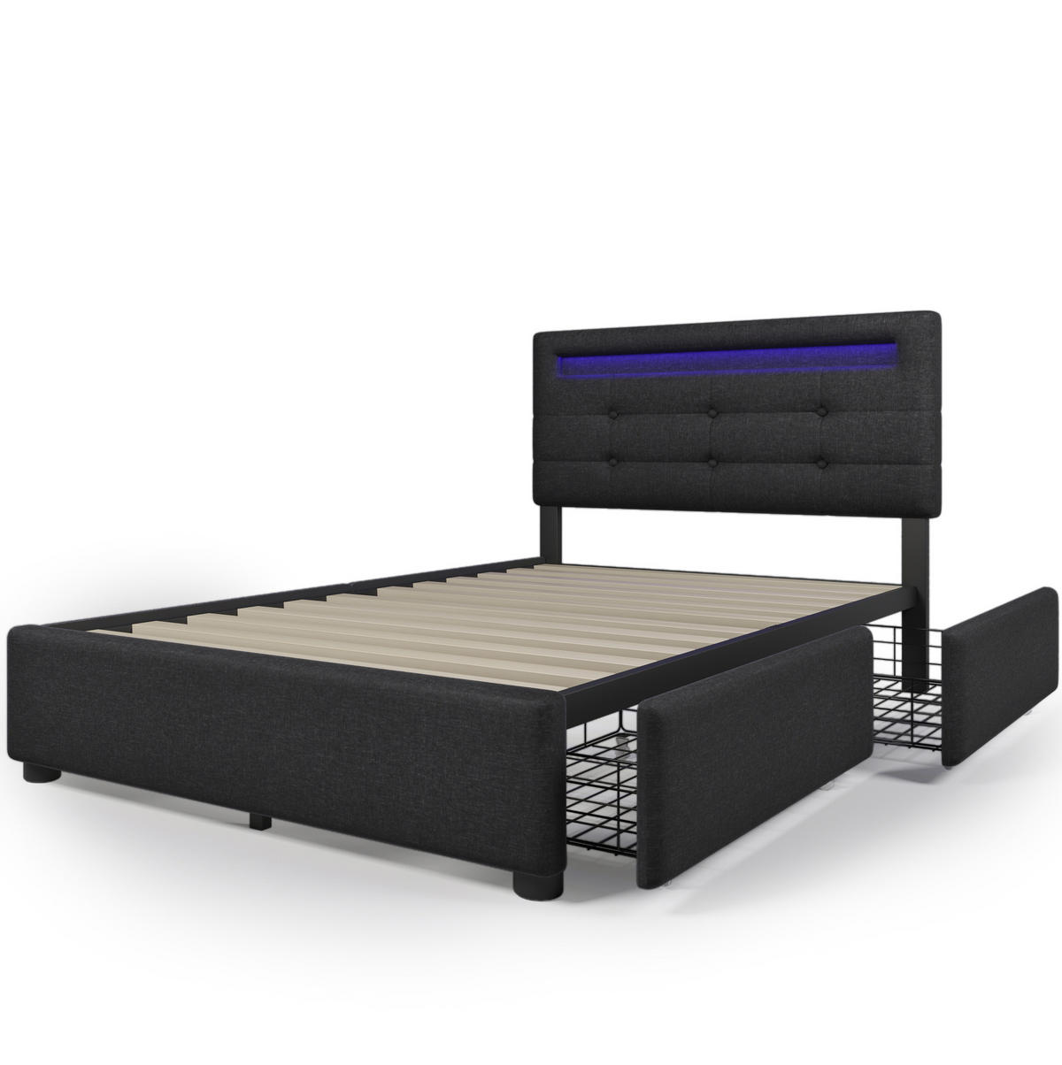 POLSTERBETT mit LED-Beleuchtung 90/200 cm mit 2 Schubladen und Matratze - Schwarz, Textil (90/200cm) - BEAOK