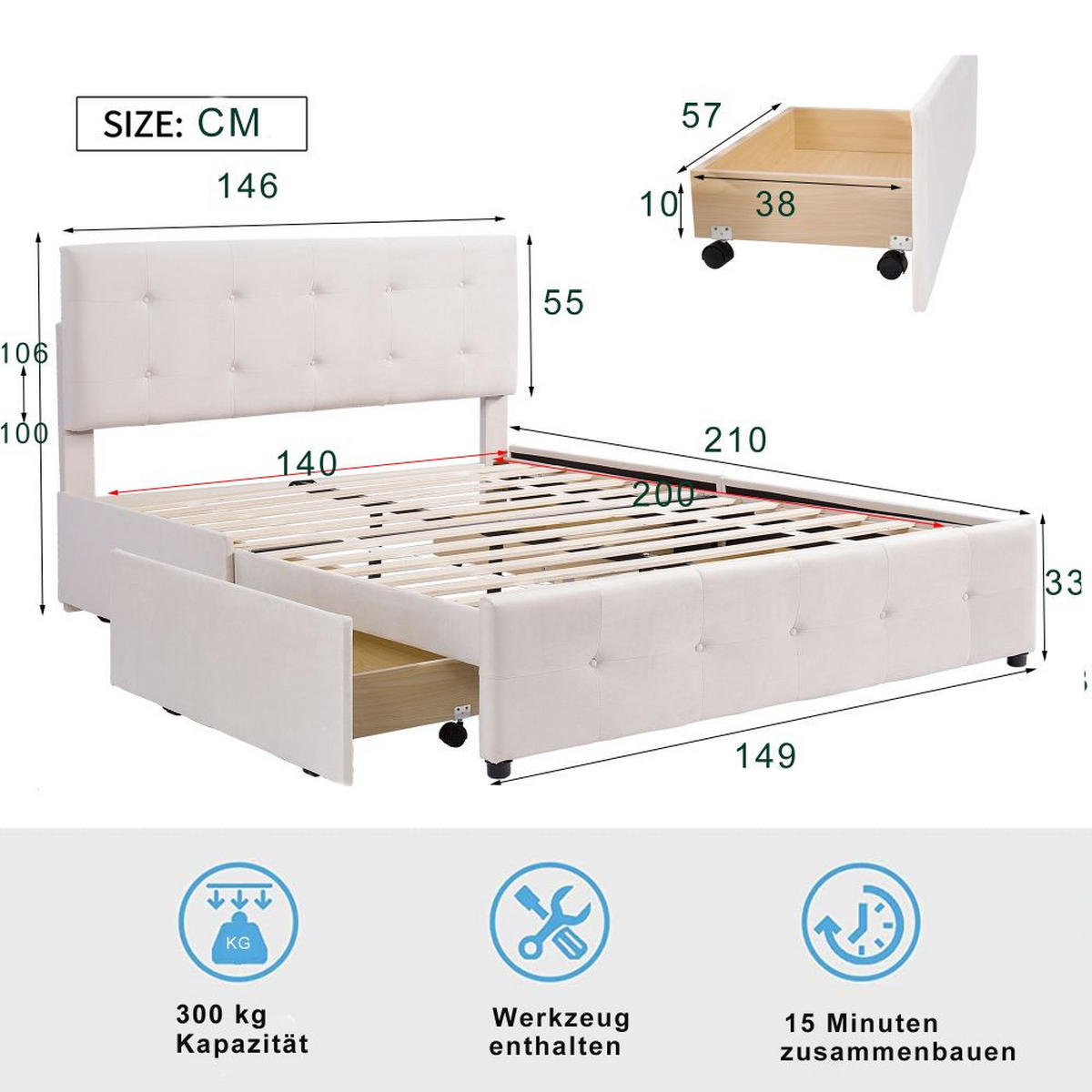 POLSTERBETT 140/200 cm in Samtstoff mit Schubladen - Beige, Holz/Textil (140/200cm) - KOMHTOM