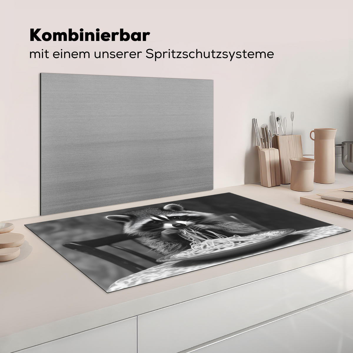 HERDABDECKPLATTE Waschbär - Niedlich - Pasta - Tischtuch - Schwarz - Weiß Induktionsschutz 91.2x52 cm - Grau, Kunststoff (91.2/52/0.2cm) - MuchoWow