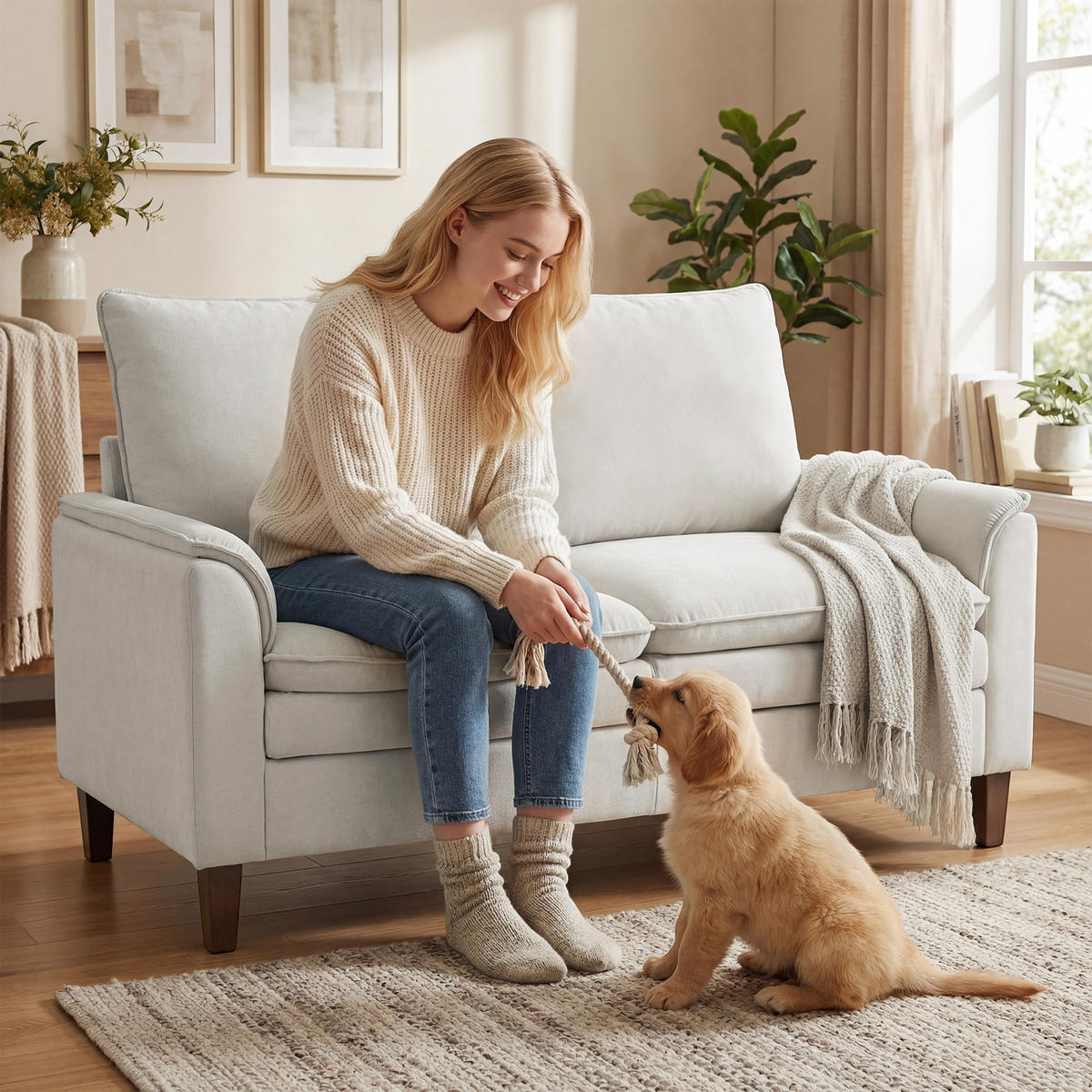 SOFA 2-Sitzer aus Chenille Cremeweiß - Creme, Textil (84/95/146cm) - HOMCOM