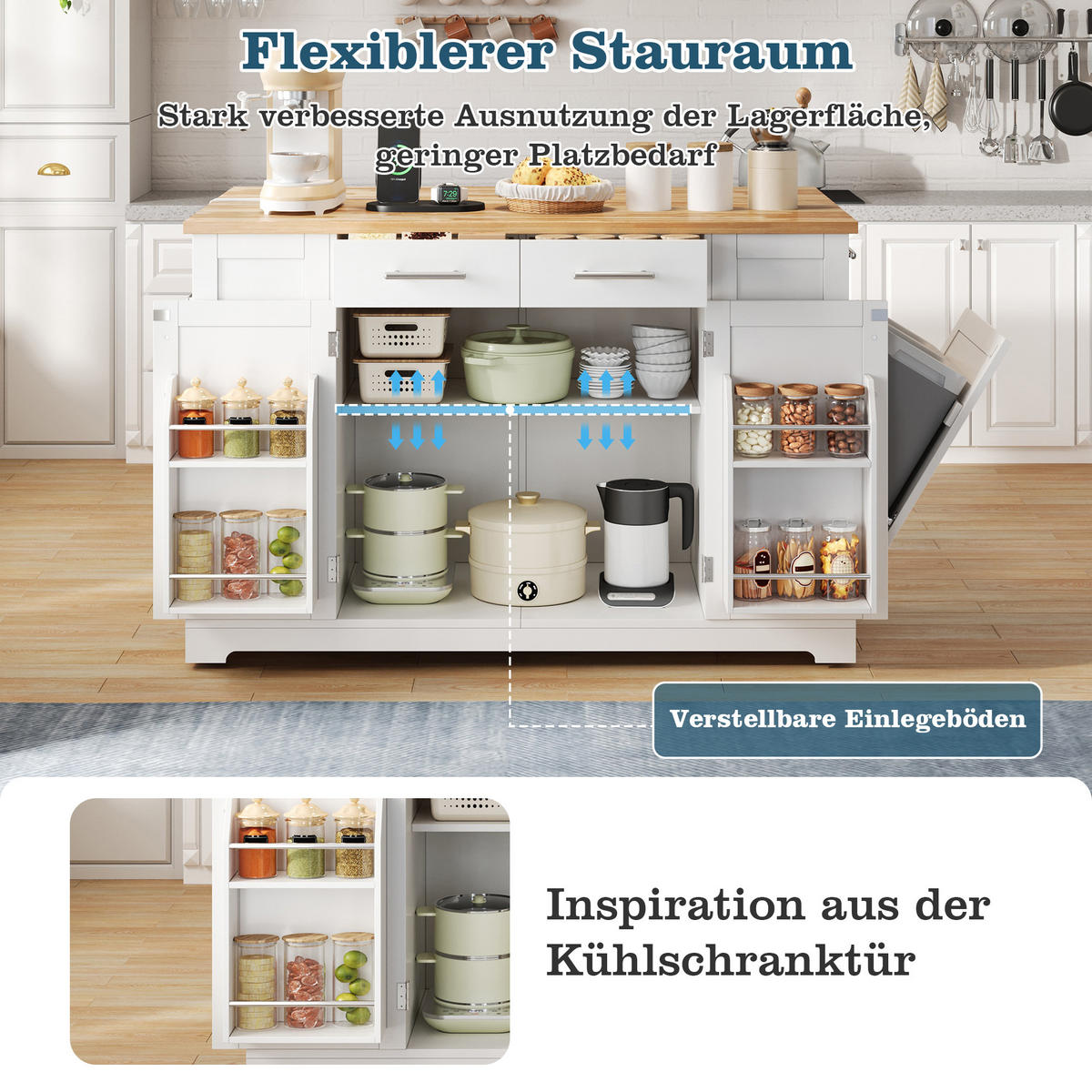 KÜCHENINSEL 138/56/92 cm Weiß mit 3 Schubladen, klappbare Arbeitsplatte und ausziehbarer Mülleimer - Weiß, Holz/Holzwerkstoff (86/92/138cm) - Oxeza