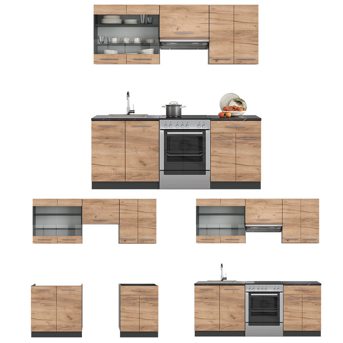 KÜCHENZEILE Fame-Line Goldkraft Eiche/Anthrazit 200 cm ohne AP - Honigeiche/Anthrazit, Holzwerkstoff (200/81.6/46cm) - Vicco