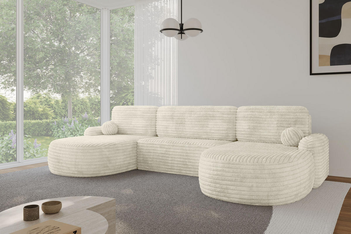 WOHNLANDSCHAFT mit Schlaffunktion und Bettkasten LIRA-U - 335x172x89 Creme - Ecru, Holzwerkstoff/Textil (335/89/172cm) - ALTDECOR
