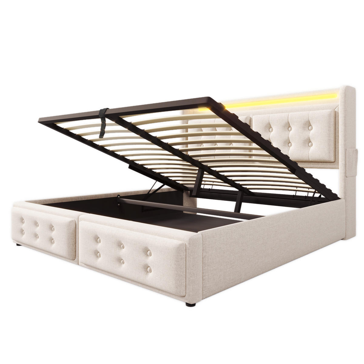 POLSTERBETT 180/200 cm Beige mit LED-Beleuchtung und USB-Anschlüssen - Beige, Textil (180/200cm) - OKWISH