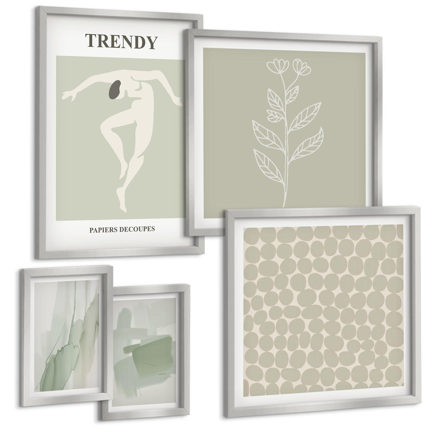 BILDER SET 5er Set - 50x50 cm & 20x30 cm & 40x60 cm Silberner Rahmen - Abstrakte Aquarellpflanzen - Silberfarben, Kunststoff (40/60cm) - TULUP