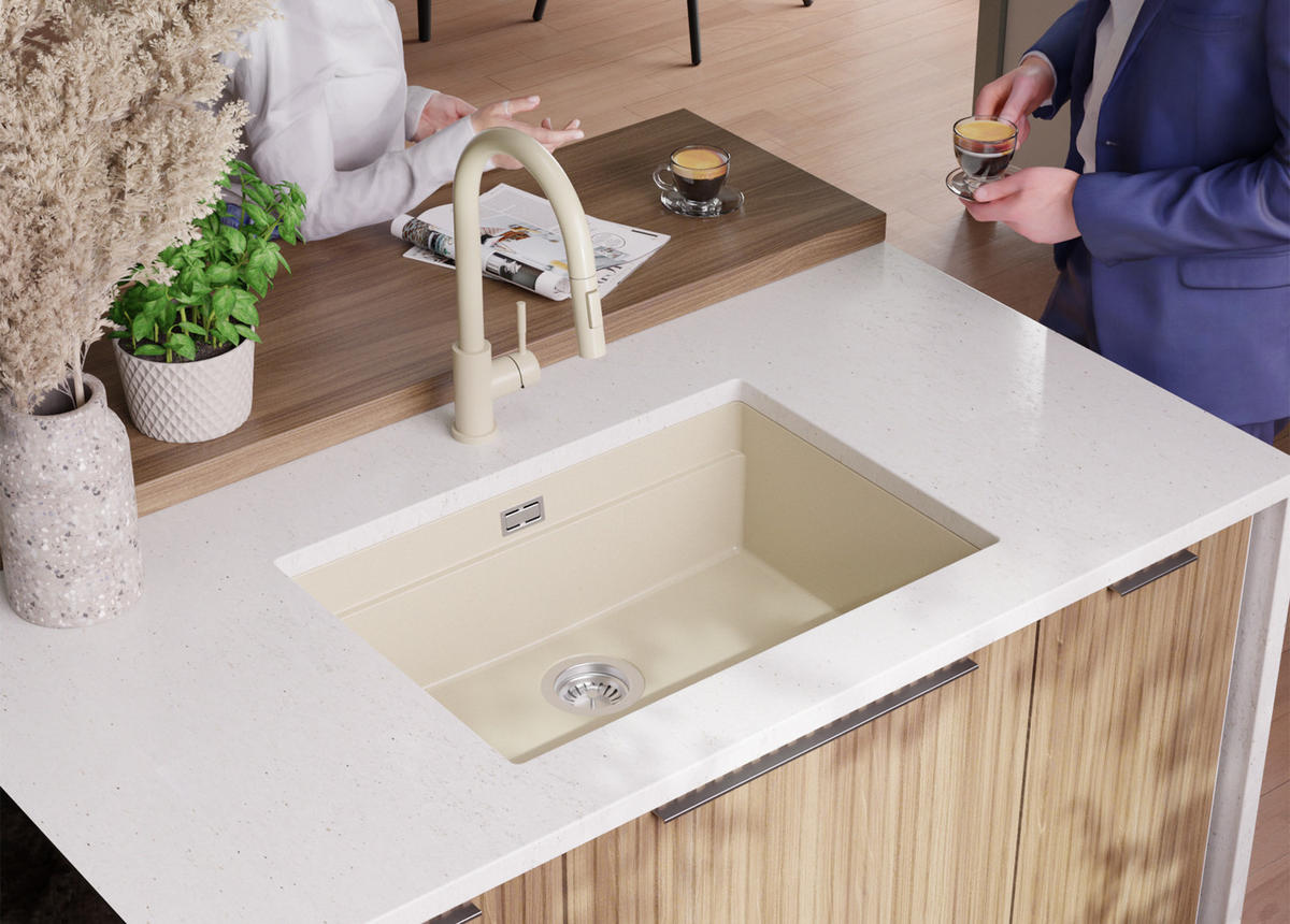 UNTERBAUSPÜLE GRANIT Praga, 2-er set Beige 66/47 cm 1 Becken + Küchenarmatur 38/14 cm + Ablauf-Set + Aufrollbare Abtropffläche ab 70er Unterschrank - Chromfarben/Beige, Kunststoff (66/20/47cm) - Primagran