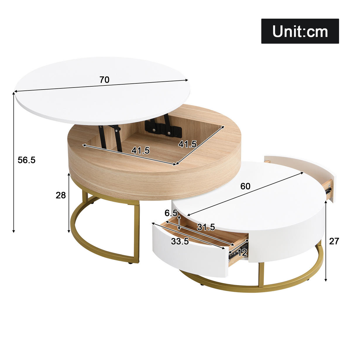 KONFERENČNÍ stolek, 70/70/56 + 60/60/27 cm bílý, MDF se zvedací deskou a zásuvkou - bílá, kompozitní dřevo (70/70/56.5cm) - BEAOK