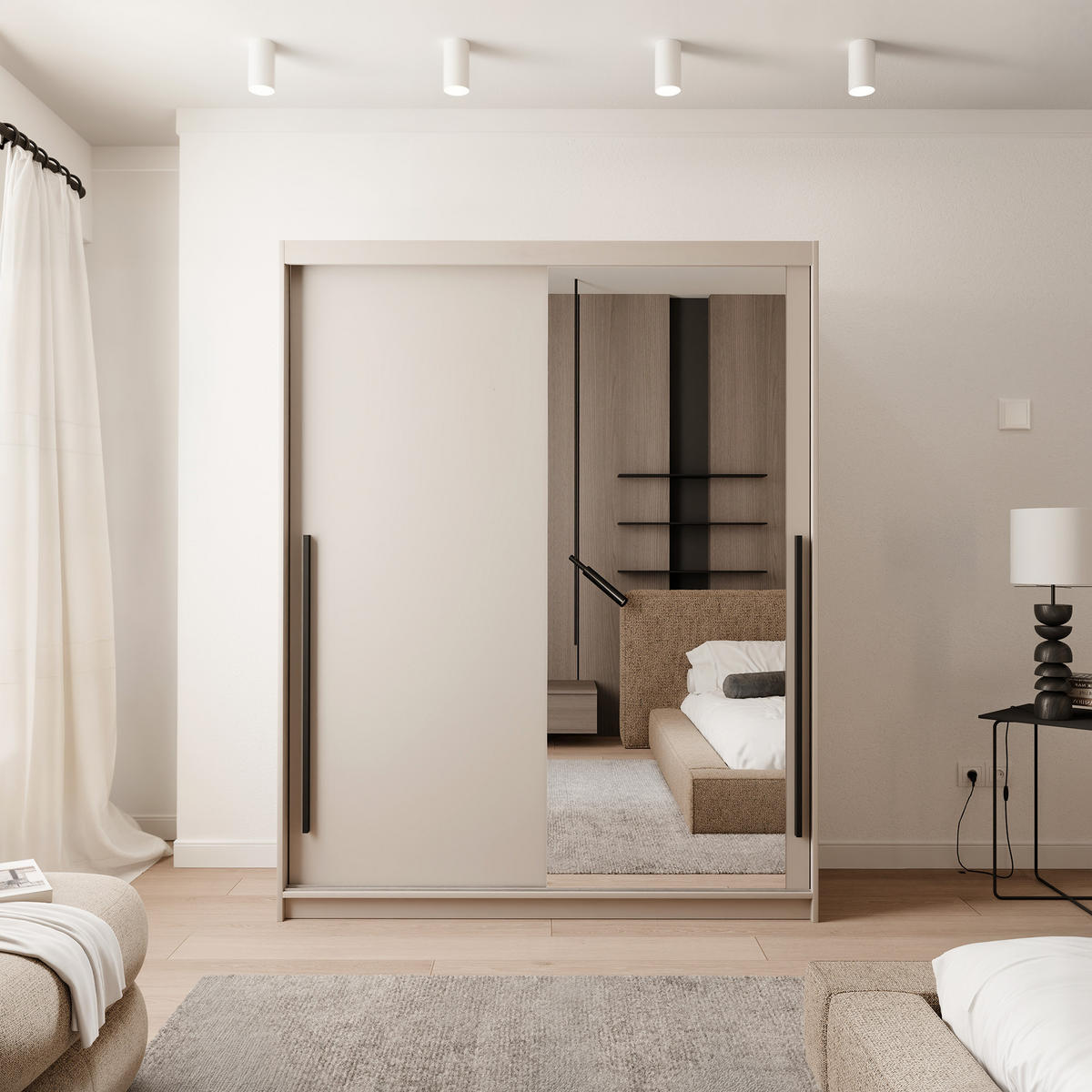 SCHIEBETÜRENSCHRANK SILENTE 160 cm mit Einlegeböden und Kleiderstange - Beige, Holzwerkstoff (160/205/60cm) - Idohome