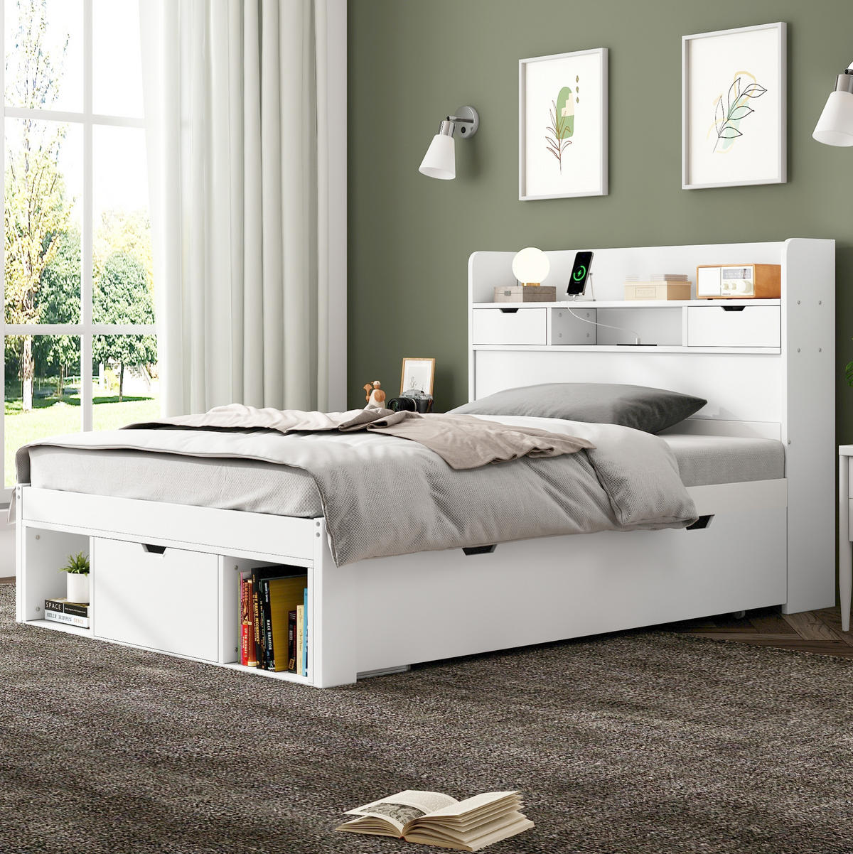 KINDEREINZELBETTEN aus Kiefernholz 90x200 cm in Weiß mit USB-Anschluss & Stauraum - Weiß, Holz (90/200cm) - Modfu
