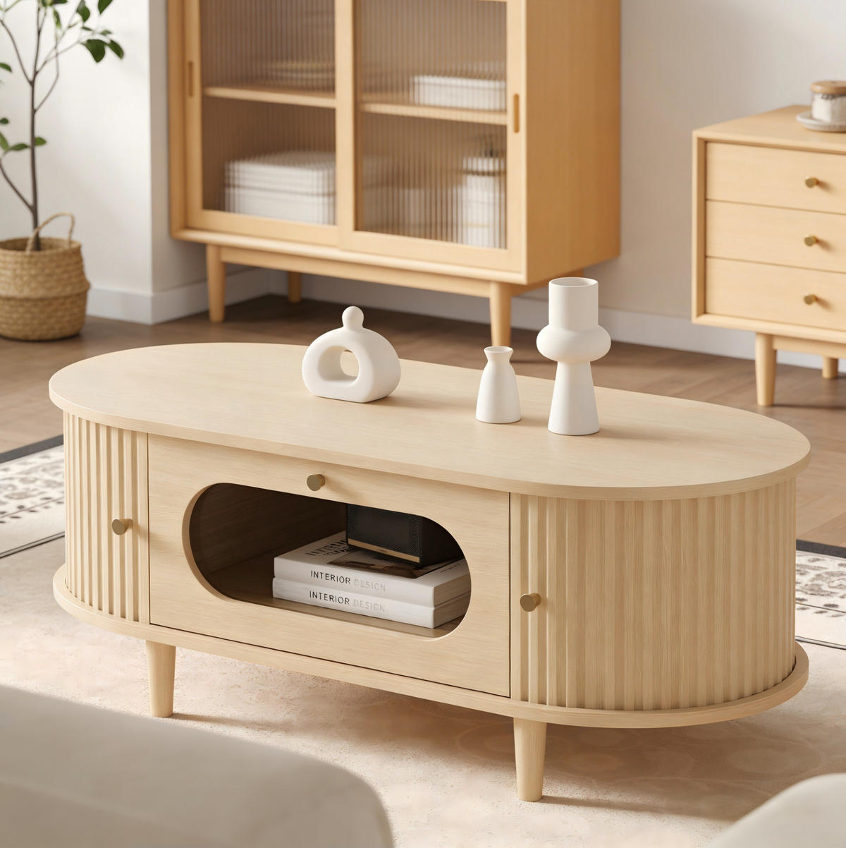 KONFERENČNÍ stolek z MDF 100x50x36 cm dubová barva se zásuvkou, roletovými dvířky a skleněným čelem - barva dubu, kompozitní dřevo (100/50/36cm) - Modfu
