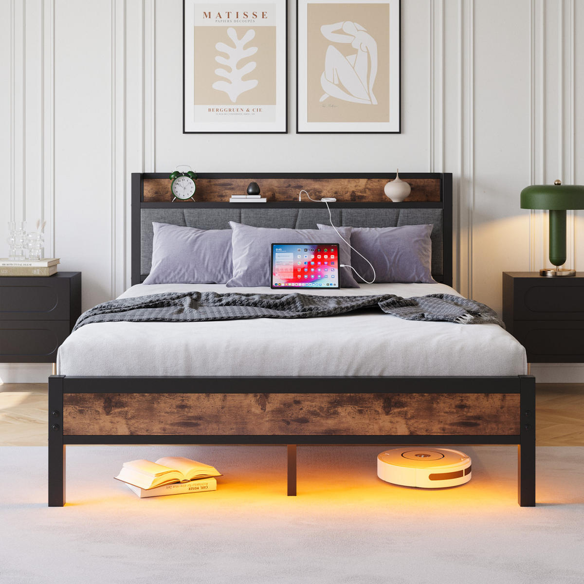 BETT mit LED und Stauraum 140x200 cm MDF/Metall Antikbraun - Braun, Metall (140/200cm) - Meubliv