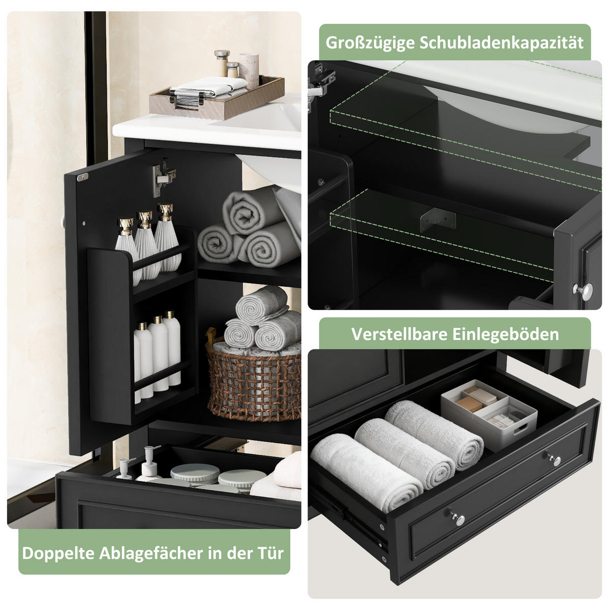 WASCHTISCHKOMBI 73/45/87 cm Schwarz aus MDF und Keramik mit Stauraum - Schwarz, Holzwerkstoff (73/87/45cm) - OKMYHOME