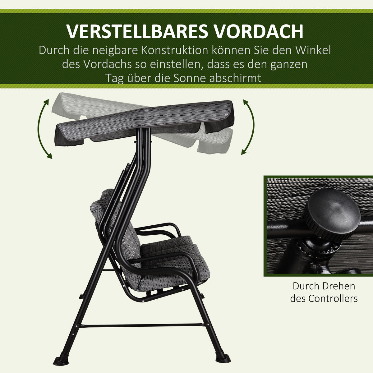 HOLLYWOODSCHAUKEL, Verstellbares Sonnendach, Texteline, Grau, 200 x 120 x 170 cm - Schwarz, Metall (120/170/200cm) - Outsunny