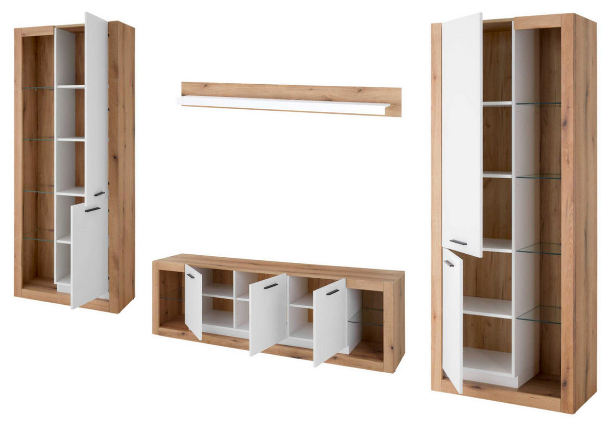 WOHNWAND weiß matt, Evoke Eiche, Wohnkombination Set 4-teilig 398 cm - Eichefarben/Silberfarben, Glas/Holzwerkstoff (398/195/43cm) - Furn.Design