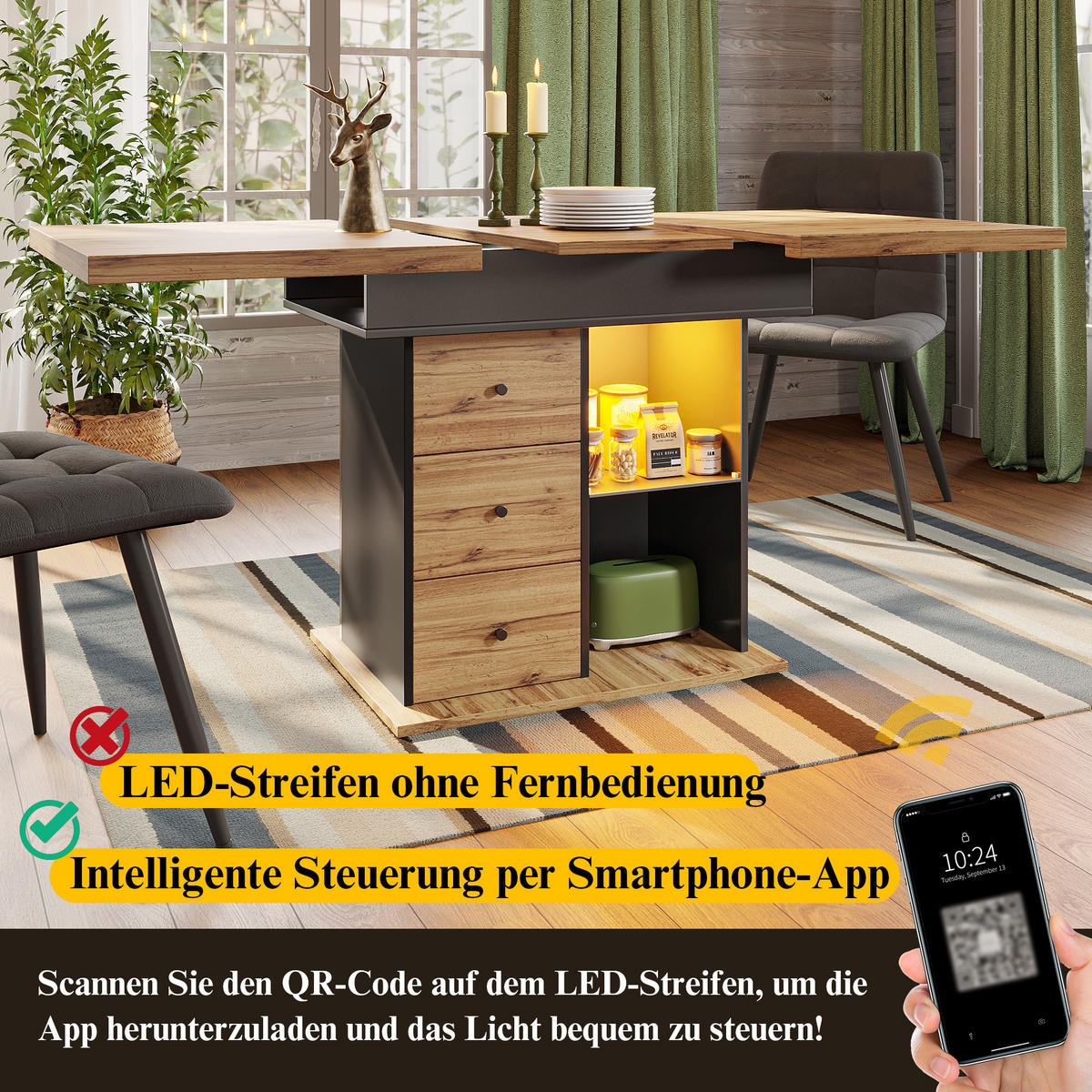 ESSTISCH 110/80/75 cm Schwarz/Natur aus MDF mit LED-Beleuchtung - Schwarz, Holzwerkstoff (110/80/75cm) - OKWISH
