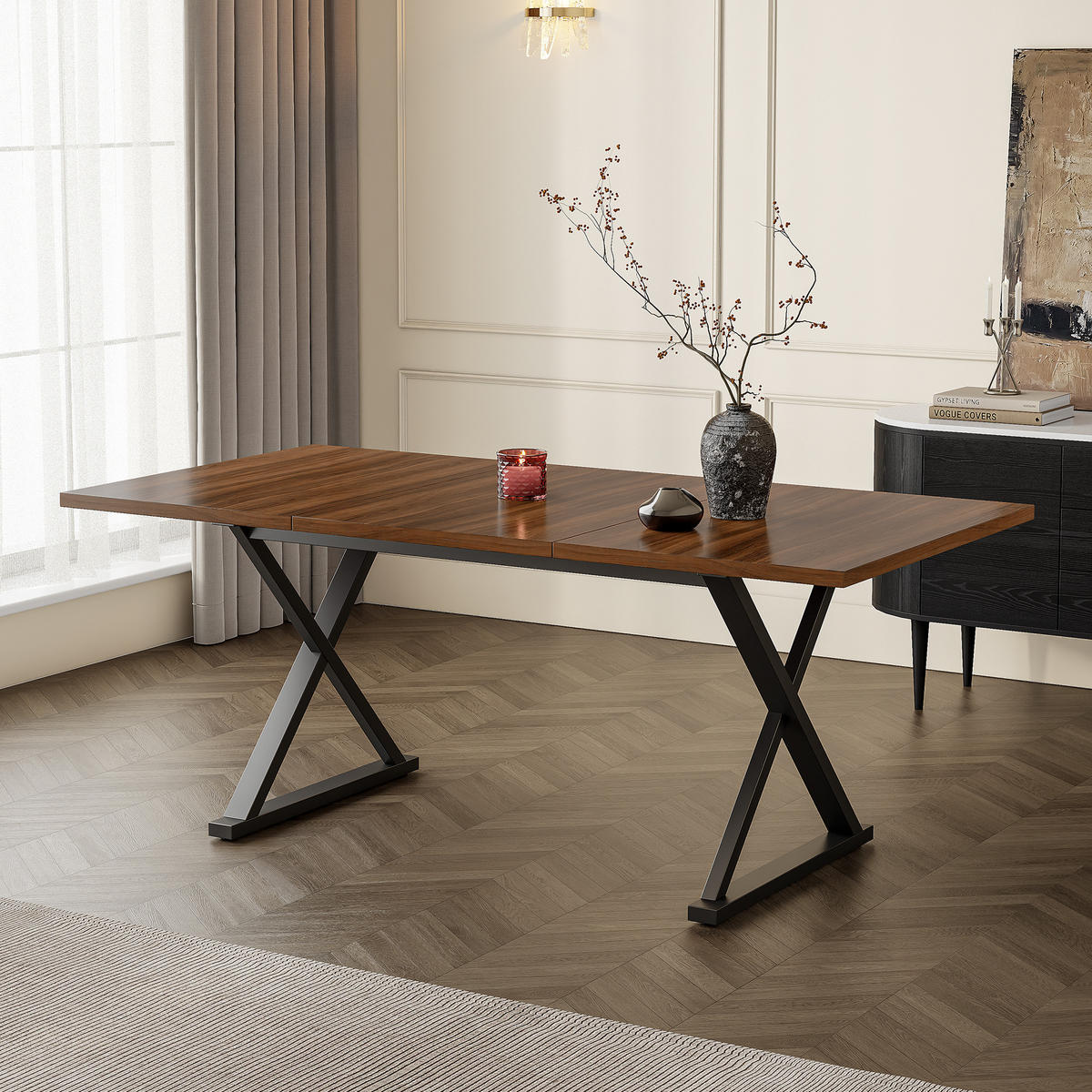 ESSTISCH, 6-8 Personen, Metallbeine, Walnuss/Schwarz, 180x90x75cm - Walnussfarben, Holzwerkstoff (180/90/75cm) - FLIEKS