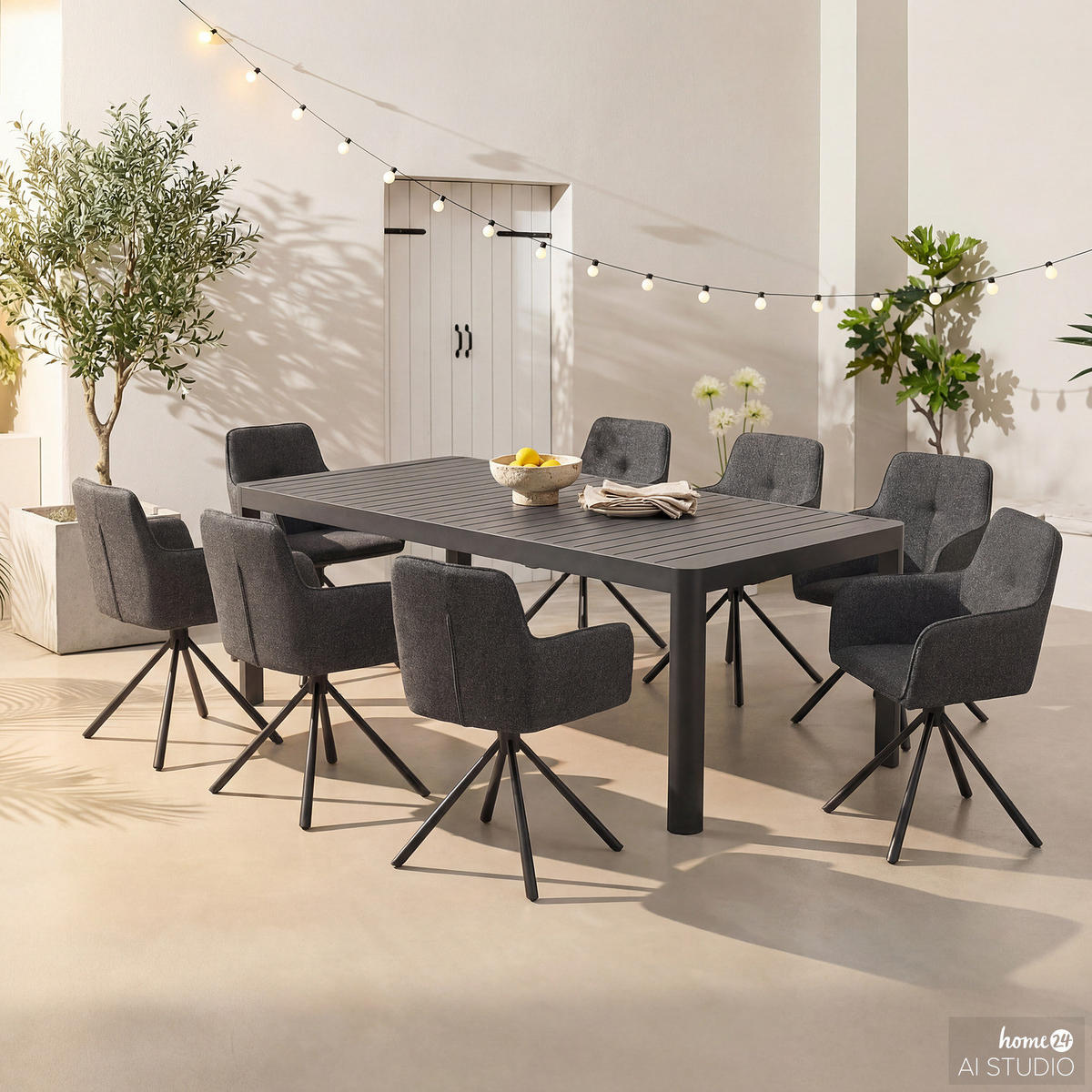 GARTENESSGRUPPE - 9-teilig - Stahl / Polyester - Schwarz / Grau - Schwarz/Grau, Textil/Metall - home24