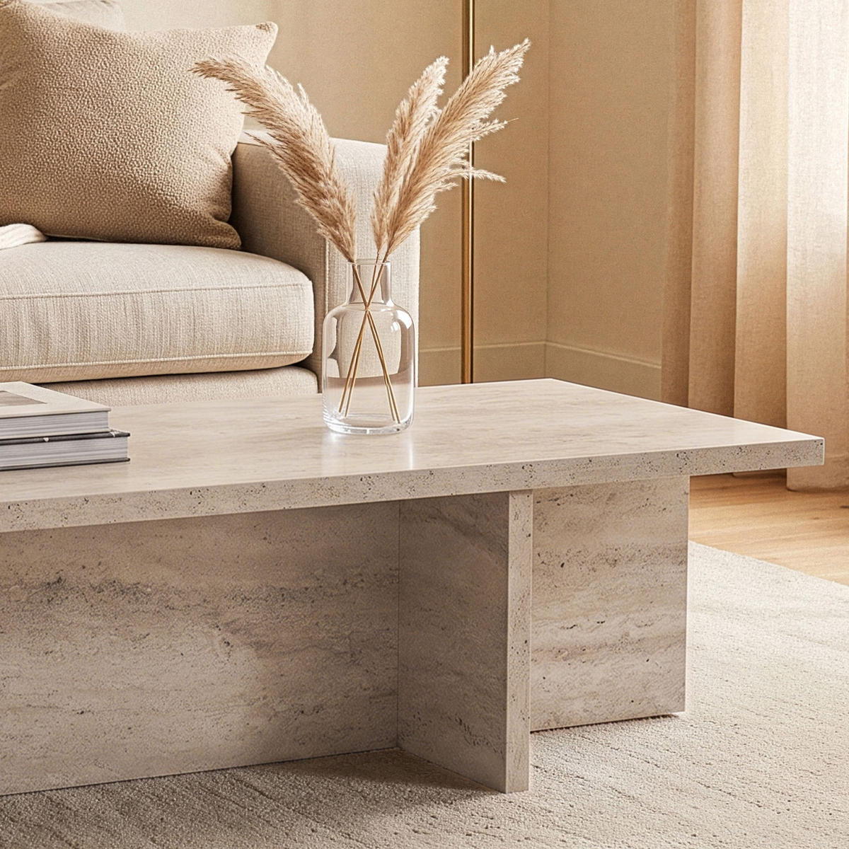 COUCHTISCH mit rechteckiger Platte und asymmetrischem Fuß L120 cm - HARBOR - Beige, Holzwerkstoff (50/45/30cm) - Calicosy