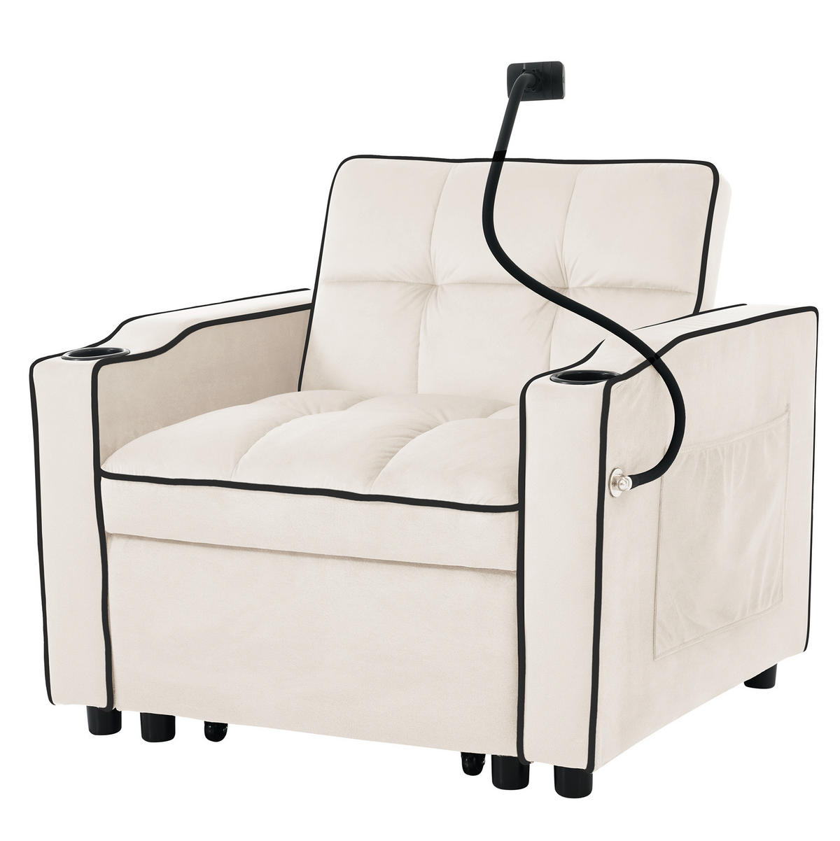 SCHLAFSESSEL 83/167/76 cm in Beige mit Samtbezug und Getränkehaltern - Beige, Kunststoff (83/76/167cm) - Flora Grace
