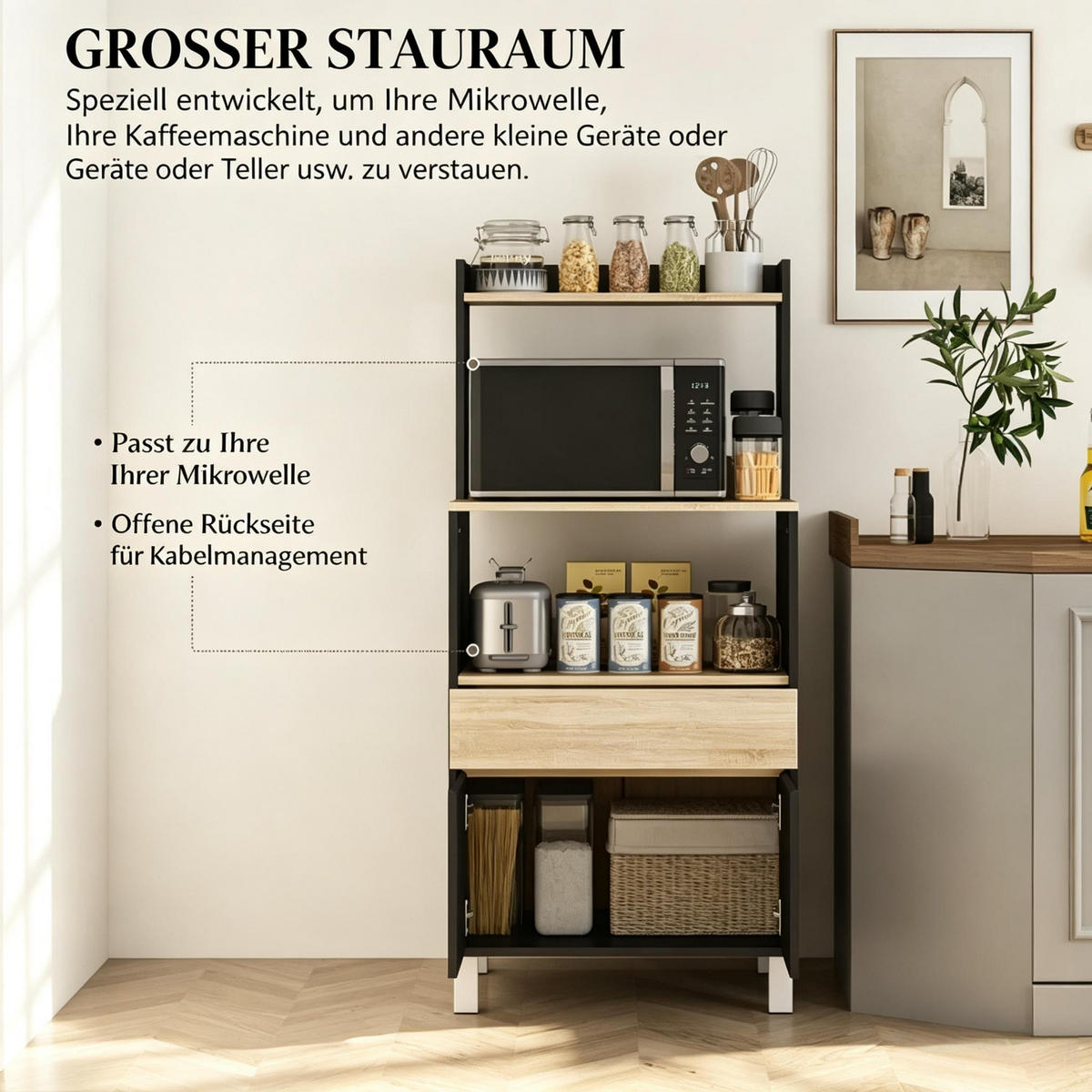 BUFFET DE-38820 60/40/131 cm Mikrowellenfach und Schublade Schwarz - Schwarz, Holzwerkstoff (60/131/40cm) - ComfortXL