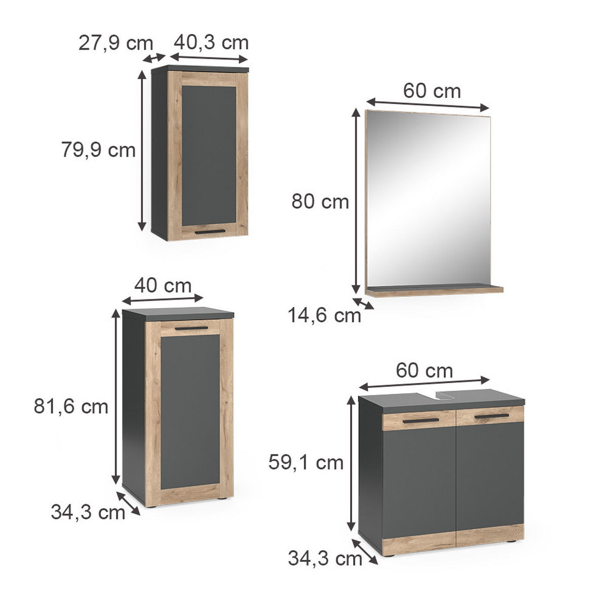 BADMÖBEL-SET Niko Anthrazit mit Midi, und Hängeschrank - Eichefarben/Anthrazit, Holzwerkstoff (60/59.1/34.3cm) - Vicco