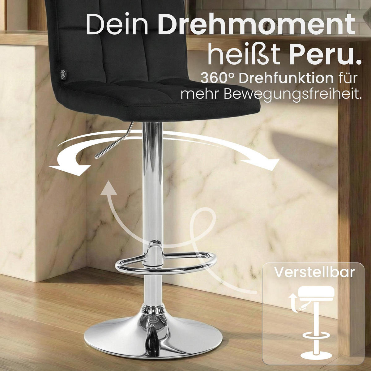 BARHOCKER Samt Schwarz - Chromfarben/Schwarz, Textil/Metall (46/94/47cm) - CLP