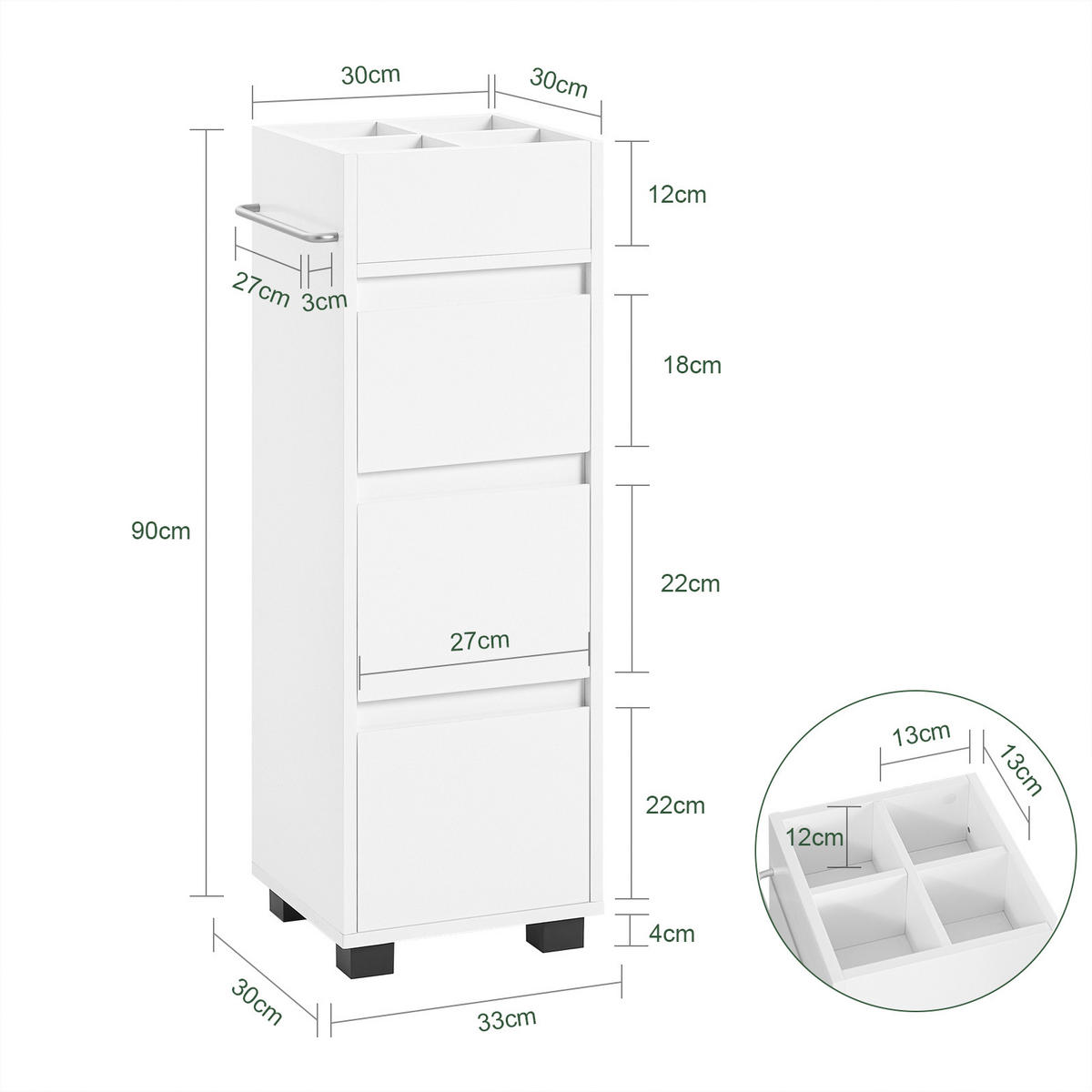 BADEZIMMERSCHRANK Weiß - Weiß, Holzwerkstoff (30/90/30cm) - SoBuy